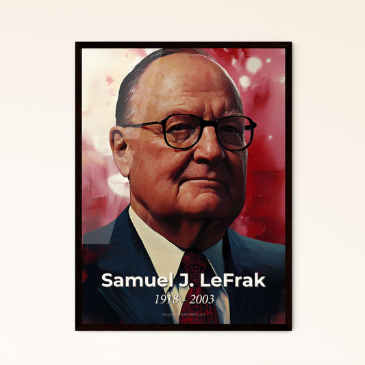 Portrait of Samuel J. LeFrak, 1918 - 2003. Impressionistic painting of a man in a suit and tie.