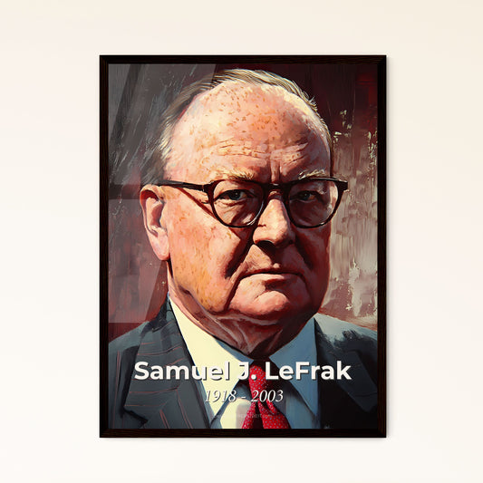 Portrait of Samuel J. LeFrak, 1918 - 2003. Impressionistic painting of a man in a suit and tie.