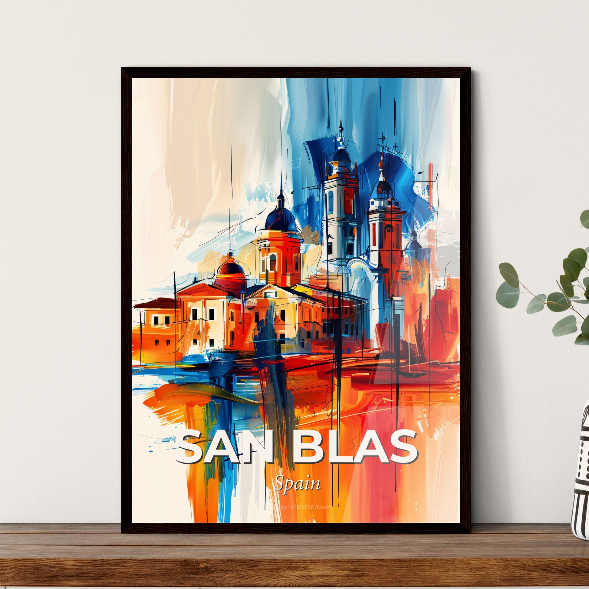 Vibrant San Blas, Spain - A Painting Of A Building With Towers And A Blue And Orange Background