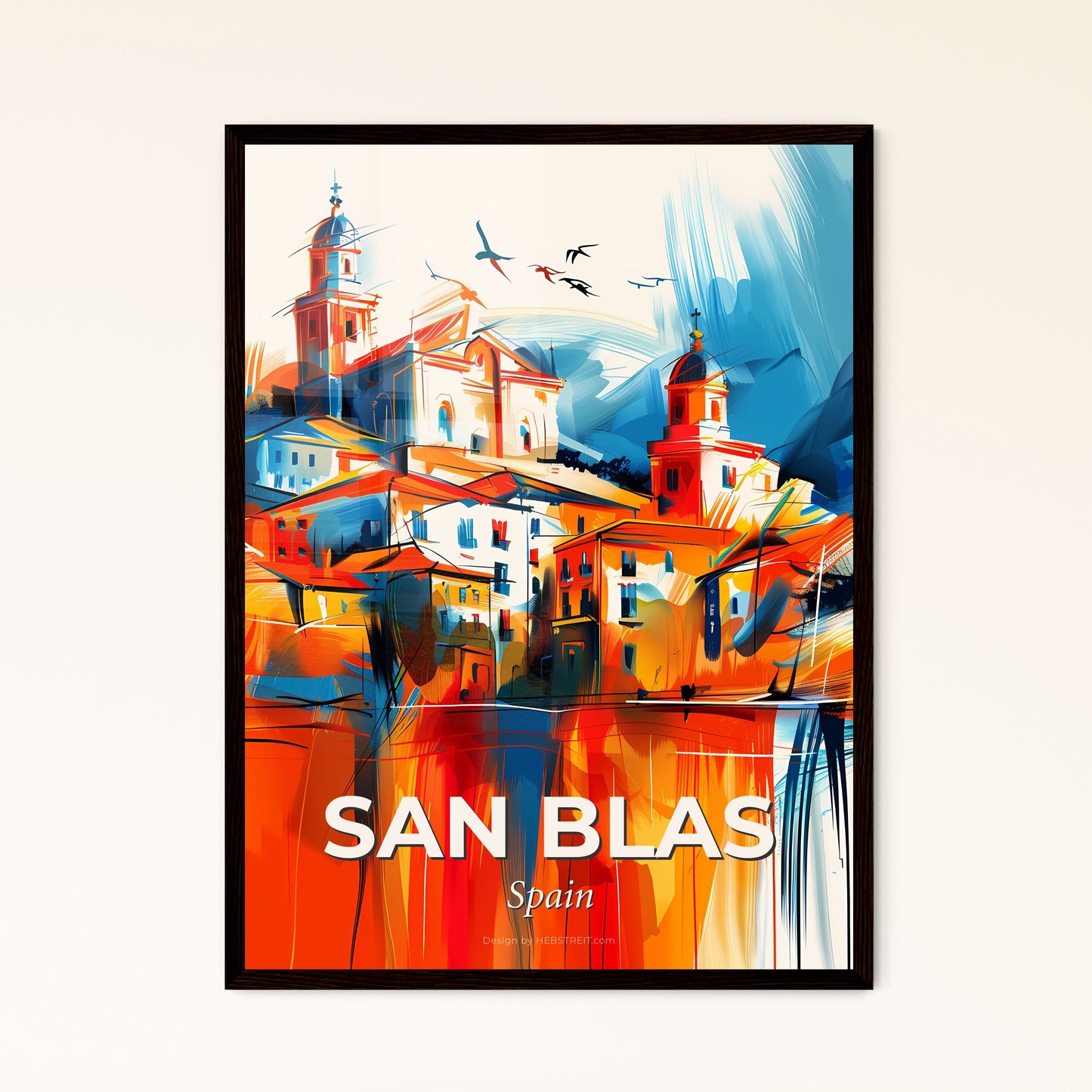 Vibrant San Blas, Spain - A Painting Of A Building With Birds Flying