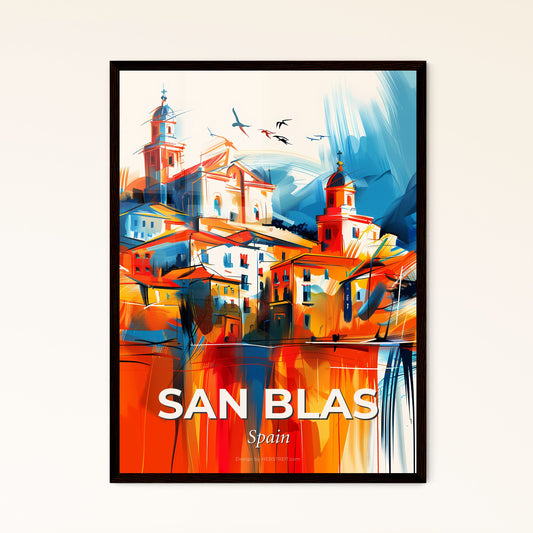 Vibrant San Blas, Spain - A Painting Of A Building With Birds Flying