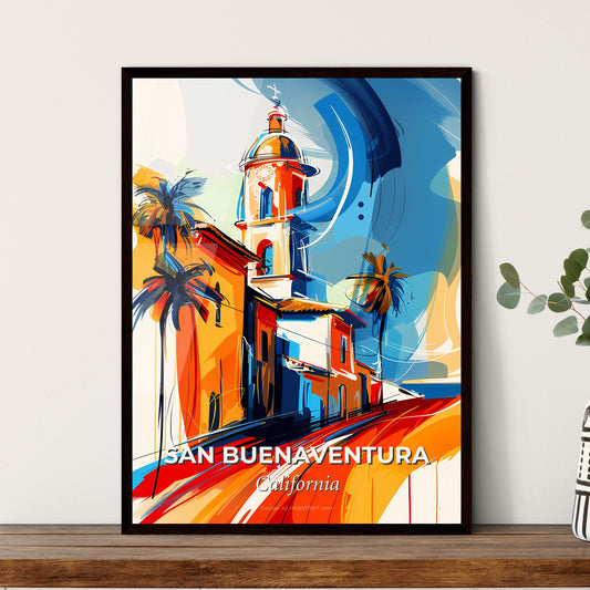 Vibrant San Buenaventura, California - A Painting Of A Building With Palm Trees