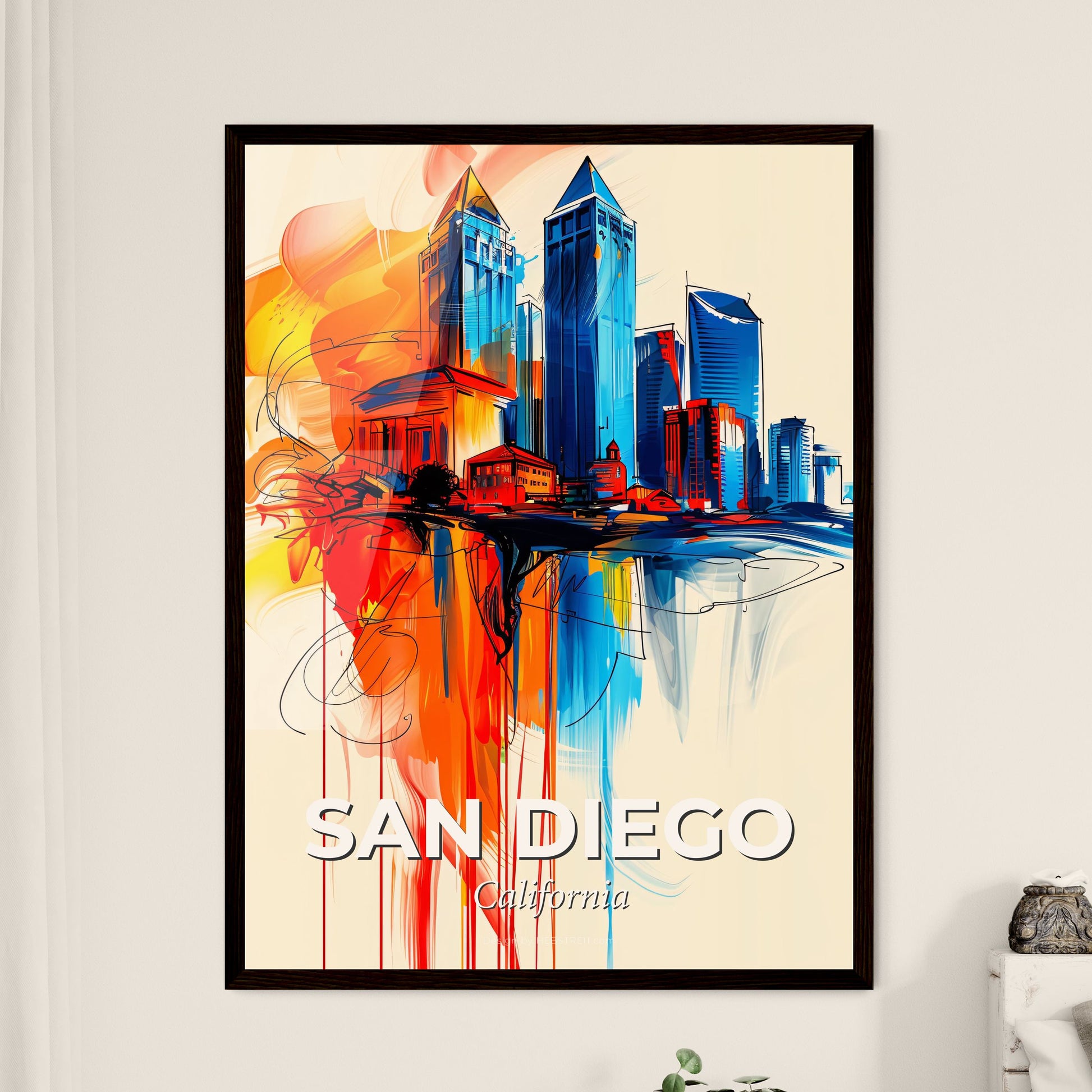 Vibrant San Diego, California - A Colorful Cityscape With Buildings And A Red And Blue Paint Splash