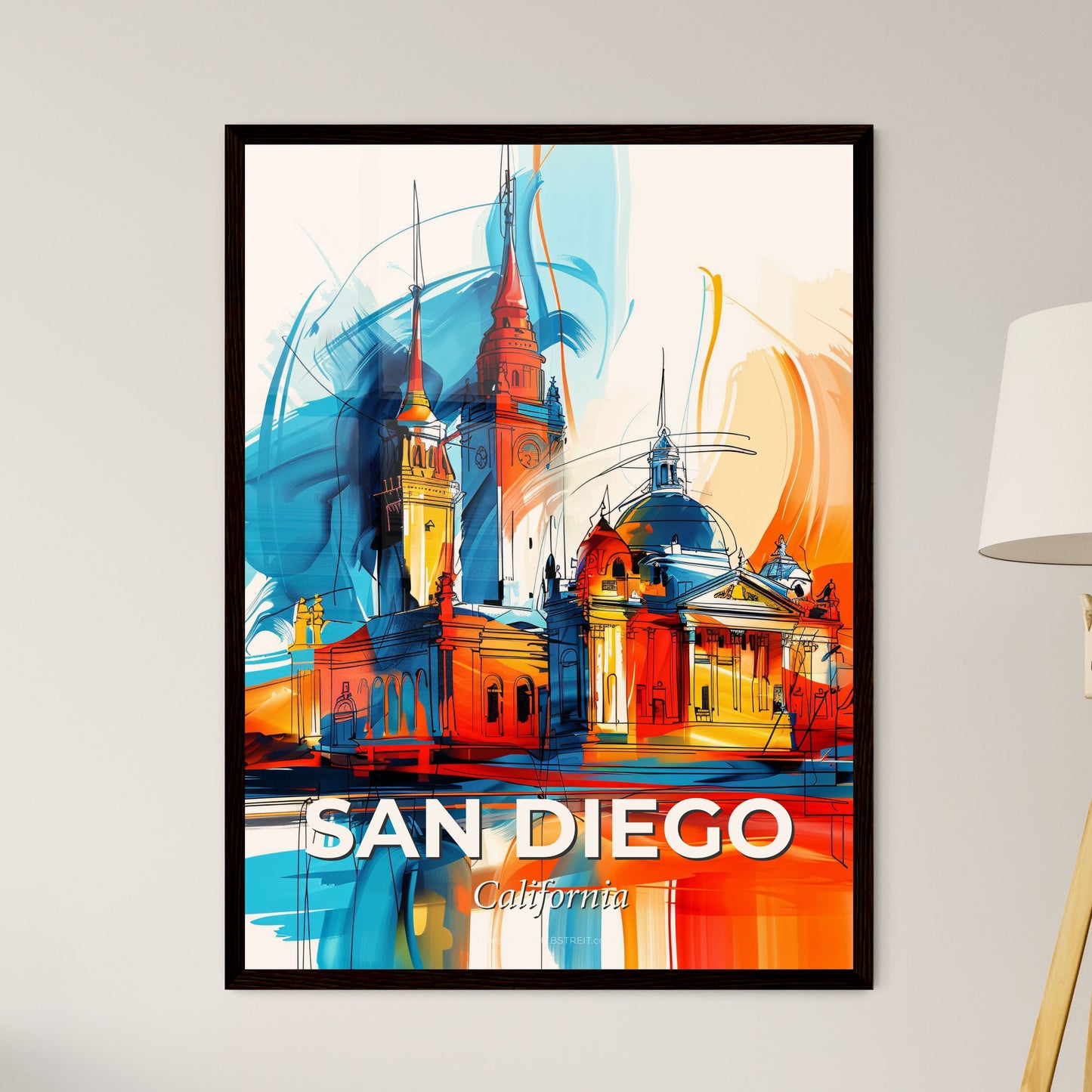 Vibrant San Diego, California - A Painting Of A Building With Towers And Spires