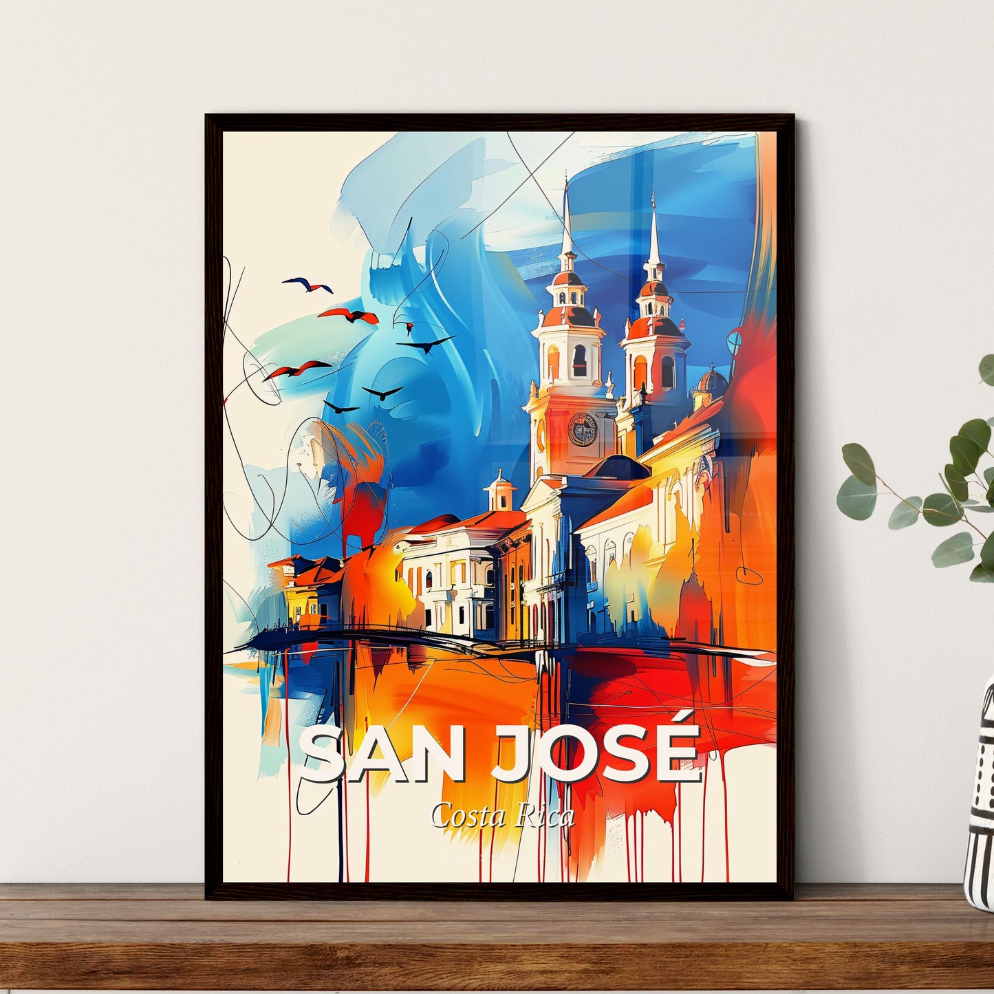 Vibrant San José, Costa Rica - A Painting Of A Building With A Clock Tower