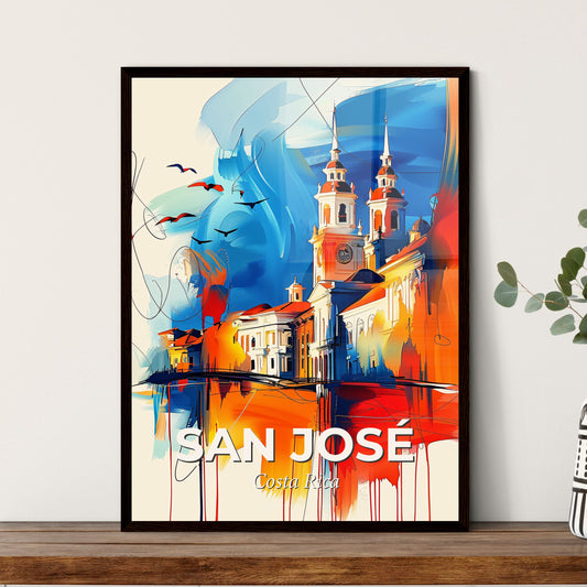 Vibrant San José, Costa Rica - A Painting Of A Building With A Clock Tower