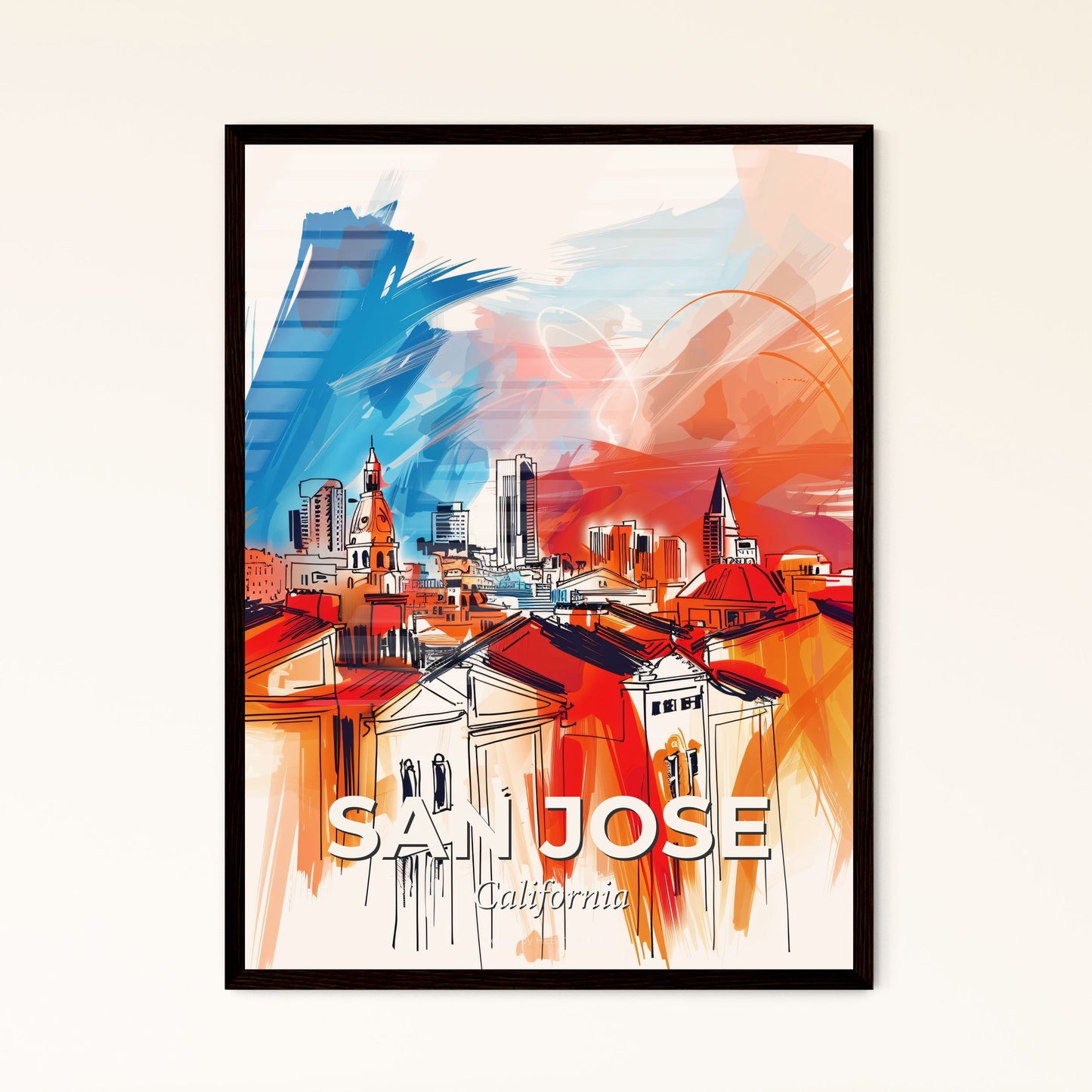 Vibrant San Jose, California - A Colorful Cityscape With Buildings And A Blue And Red Sky