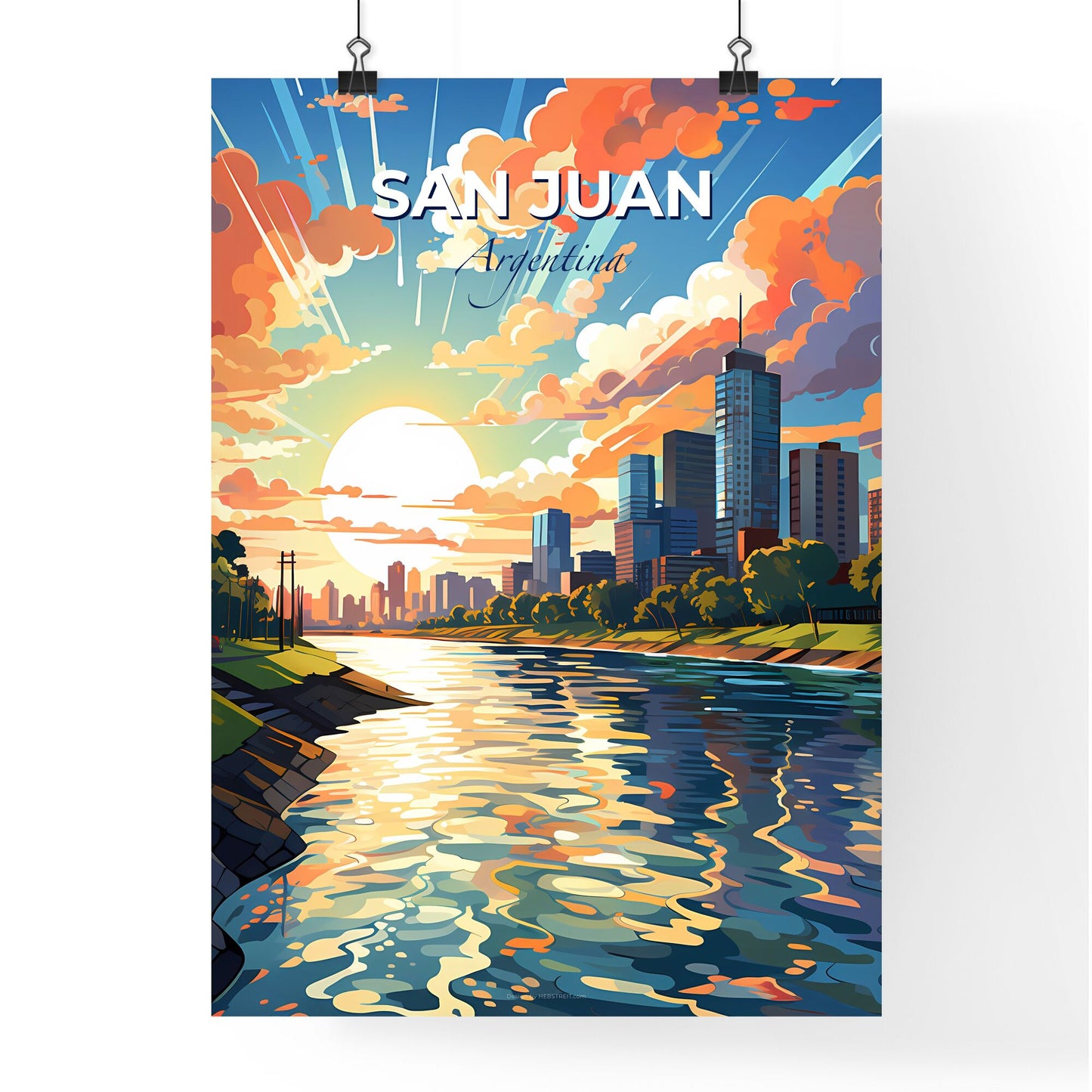 Vibrant Painting of San Juan Argentina City Skyline on a River Default Title