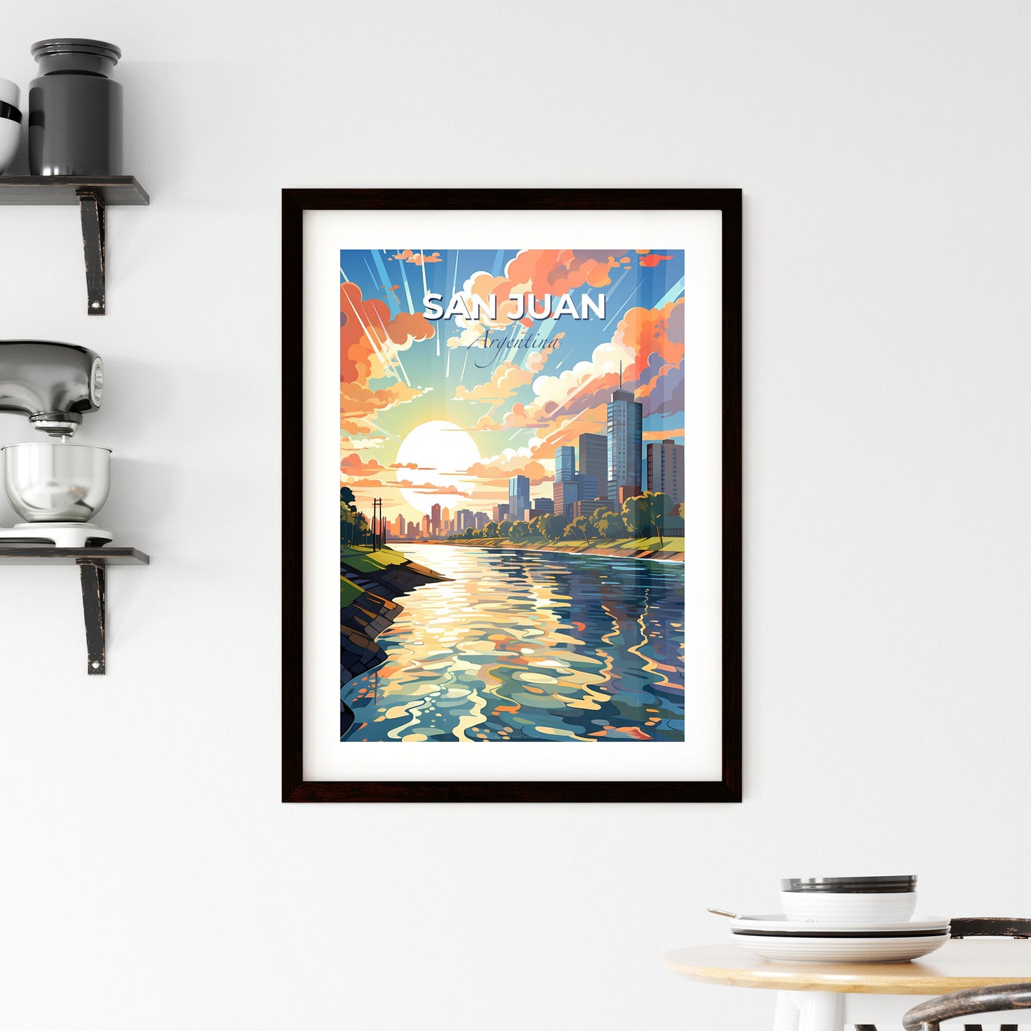 Vibrant Painting of San Juan Argentina City Skyline on a River Default Title