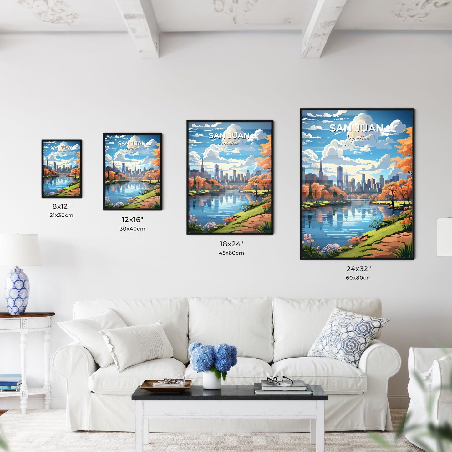 Artistic San Juan Argentina City Skyline Painting with River and Trees in Vibrant Colors Default Title