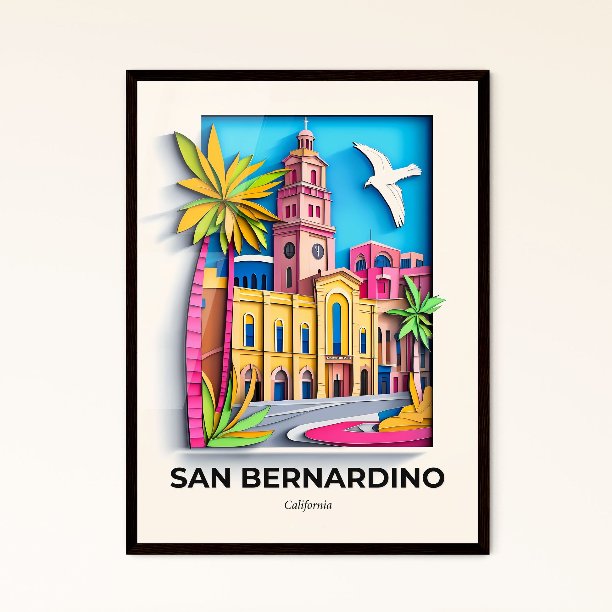 Vivid San Bernardino, California - a paper cut of a church and palm trees