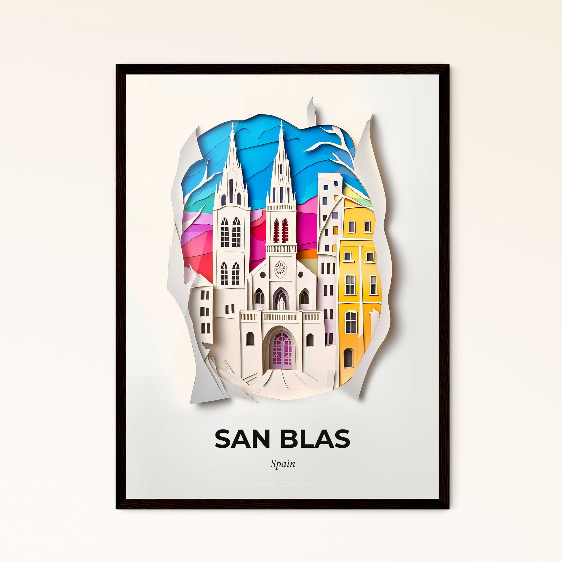 Vivid San Blas, Spain - a paper cut of a church with a rainbow sky