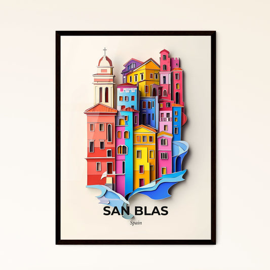 Vivid San Blas, Spain - a colorful city with a clock tower and a wave coming in