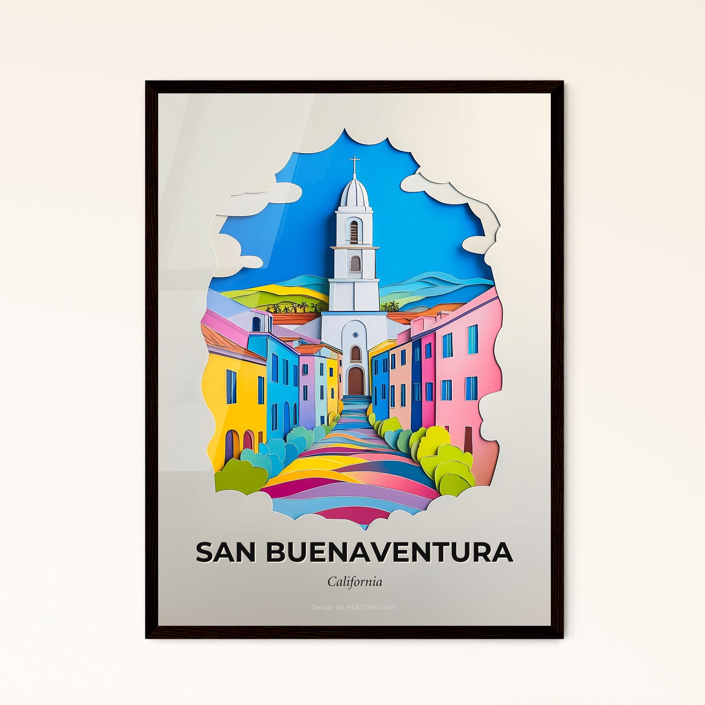 Vivid San Buenaventura, California - a paper cut of a church tower in a town