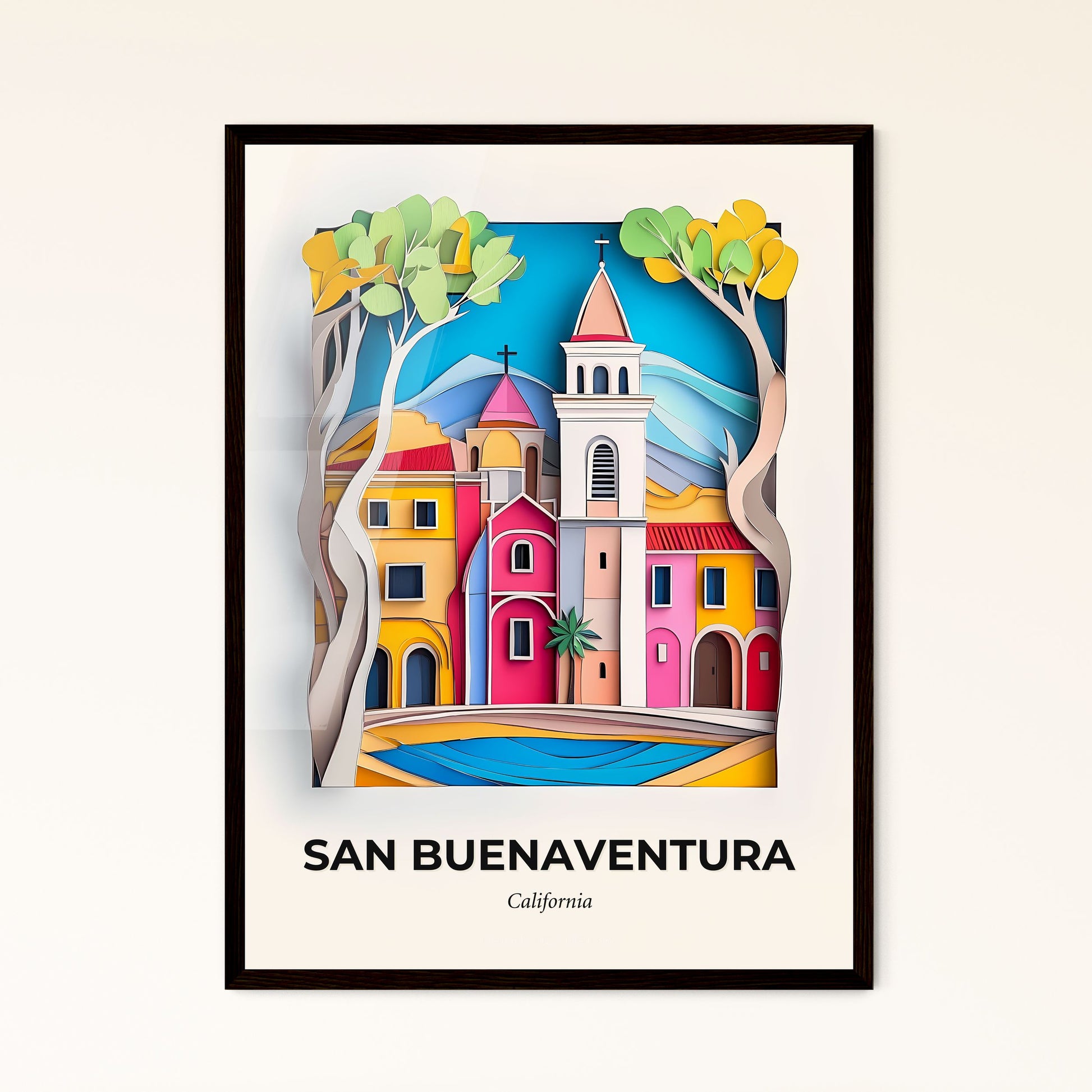 Vivid San Buenaventura, California - a paper cut of a church and a river