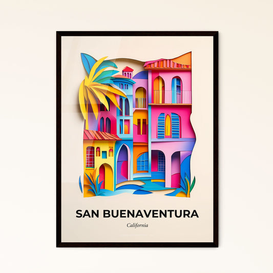 Vivid San Buenaventura, California - a colorful paper cut of a building with a palm tree