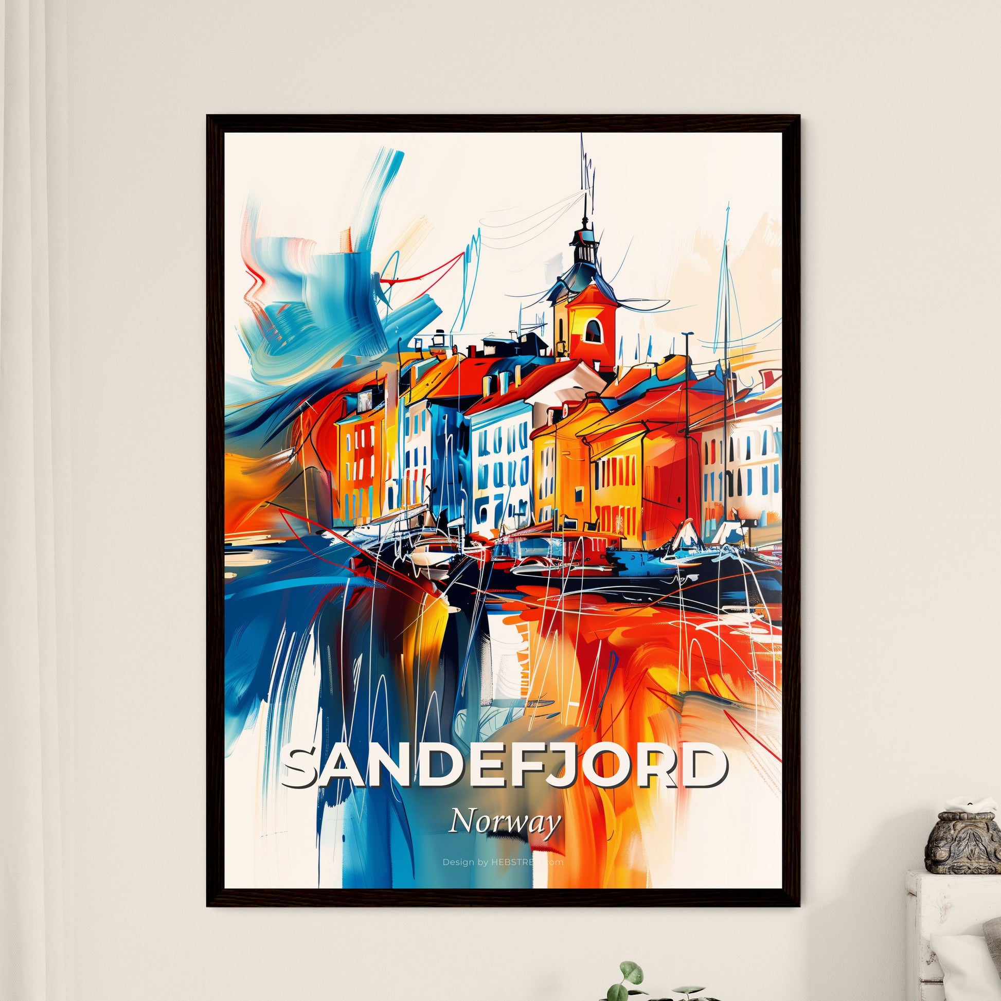 Vibrant Sandefjord, Norway - A Colorful Painting Of Buildings And A Body Of Water