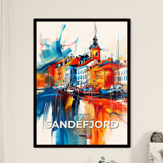 Vibrant Sandefjord, Norway - A Colorful Painting Of Buildings And A Body Of Water