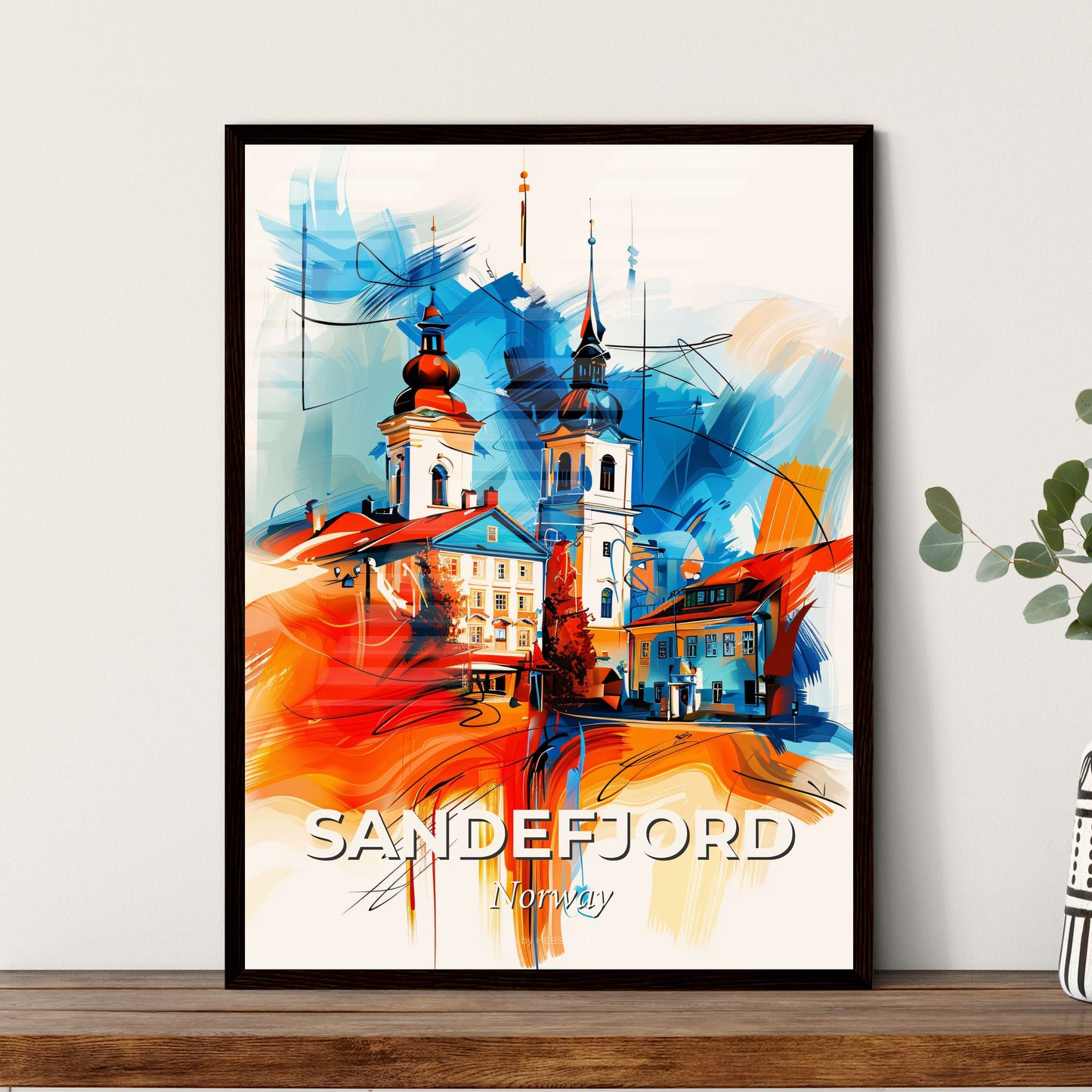 Vibrant Sandefjord, Norway - A Painting Of Buildings And Towers