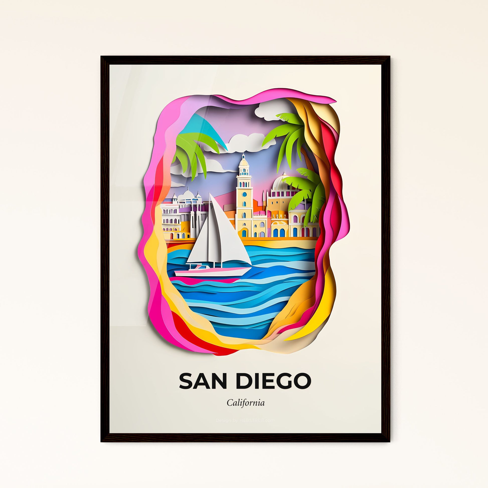 Vivid San Diego, California - a paper cut of a sailboat in the water