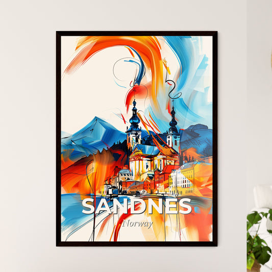 Vibrant Sandnes, Norway - A Painting Of A Town With Mountains And A Building