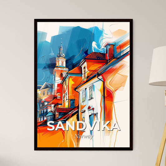 Vibrant Sandvika, Norway - A Painting Of Buildings And A Tower