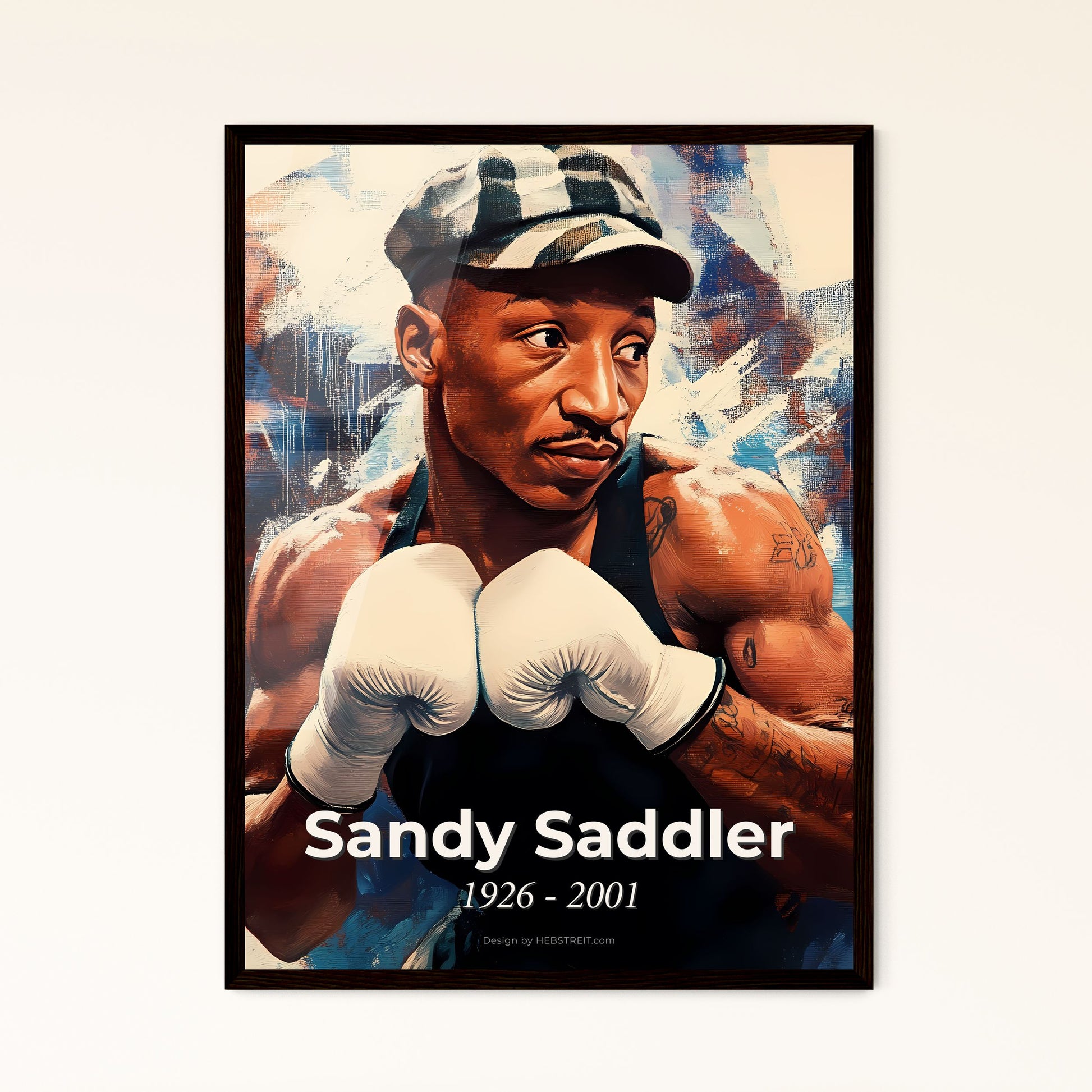 Portrait of Sandy Saddler, 1926 - 2001. Impressionistic painting of a man wearing boxing gloves.