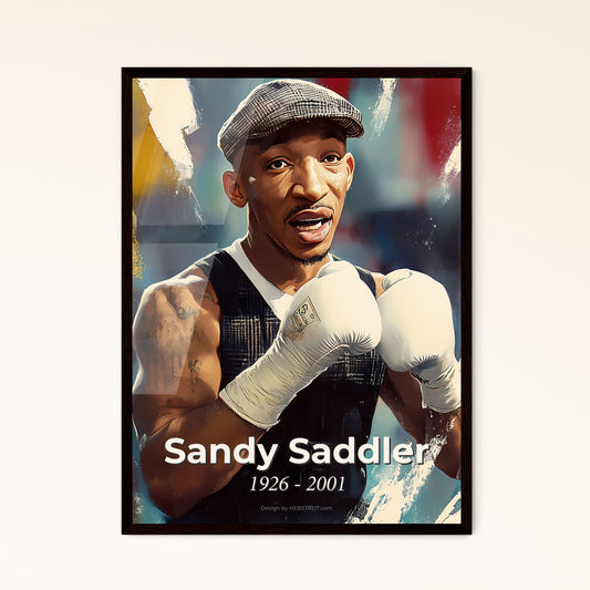 Portrait of Sandy Saddler, 1926 - 2001. Impressionistic painting of a man wearing boxing gloves.