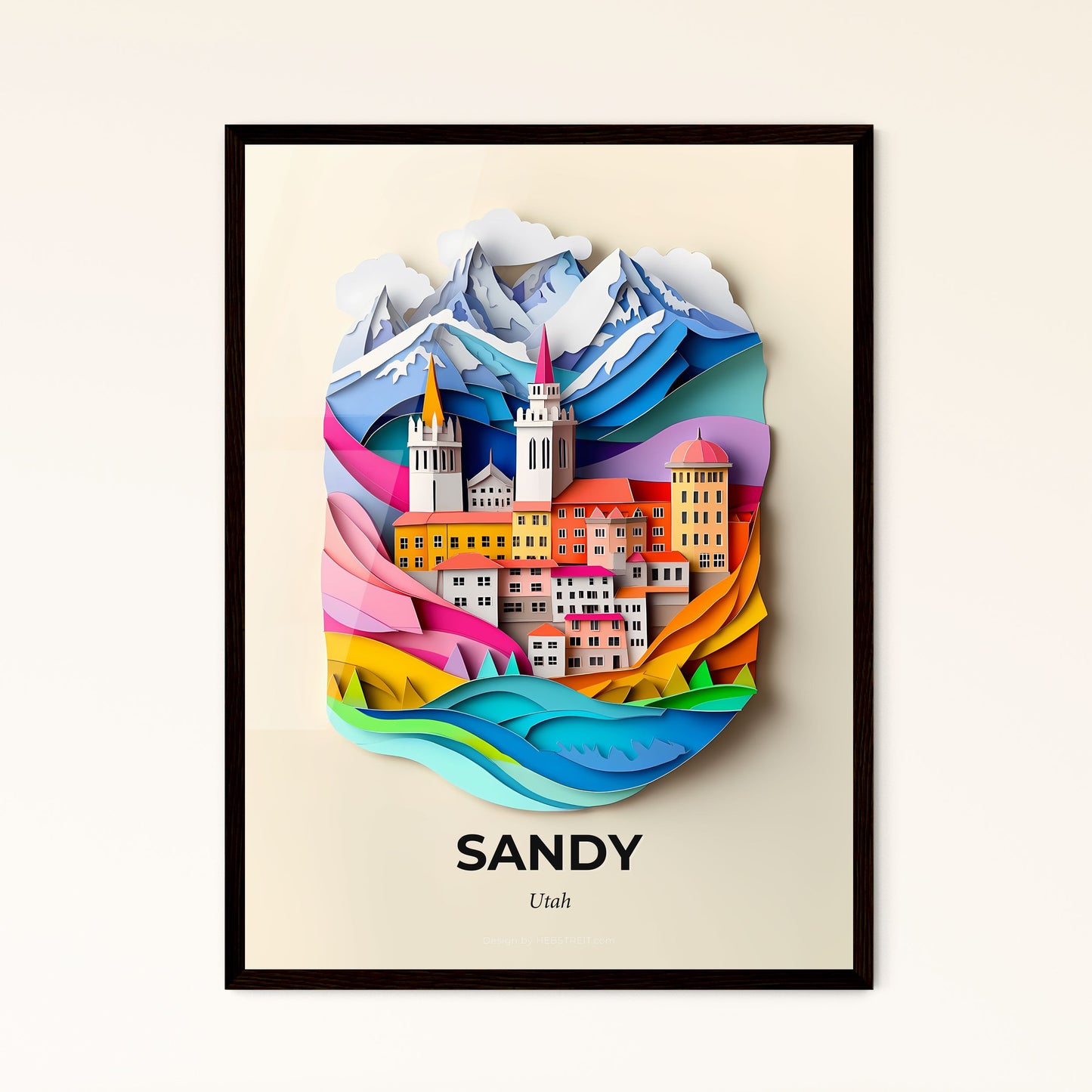 Vivid Sandy, Utah - a paper cut of a city with mountains in the background