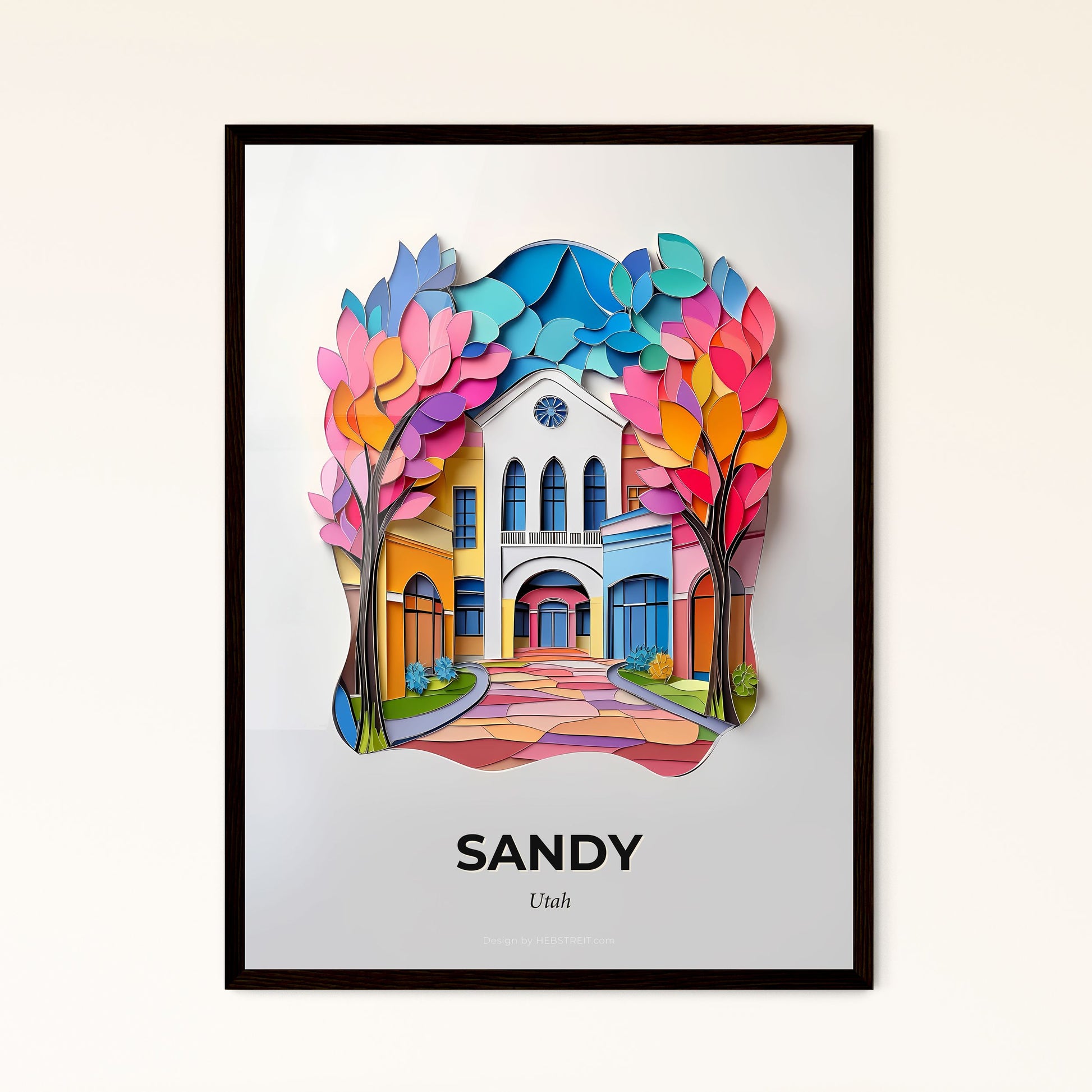 Vivid Sandy, Utah - a paper cut of a church with a tree