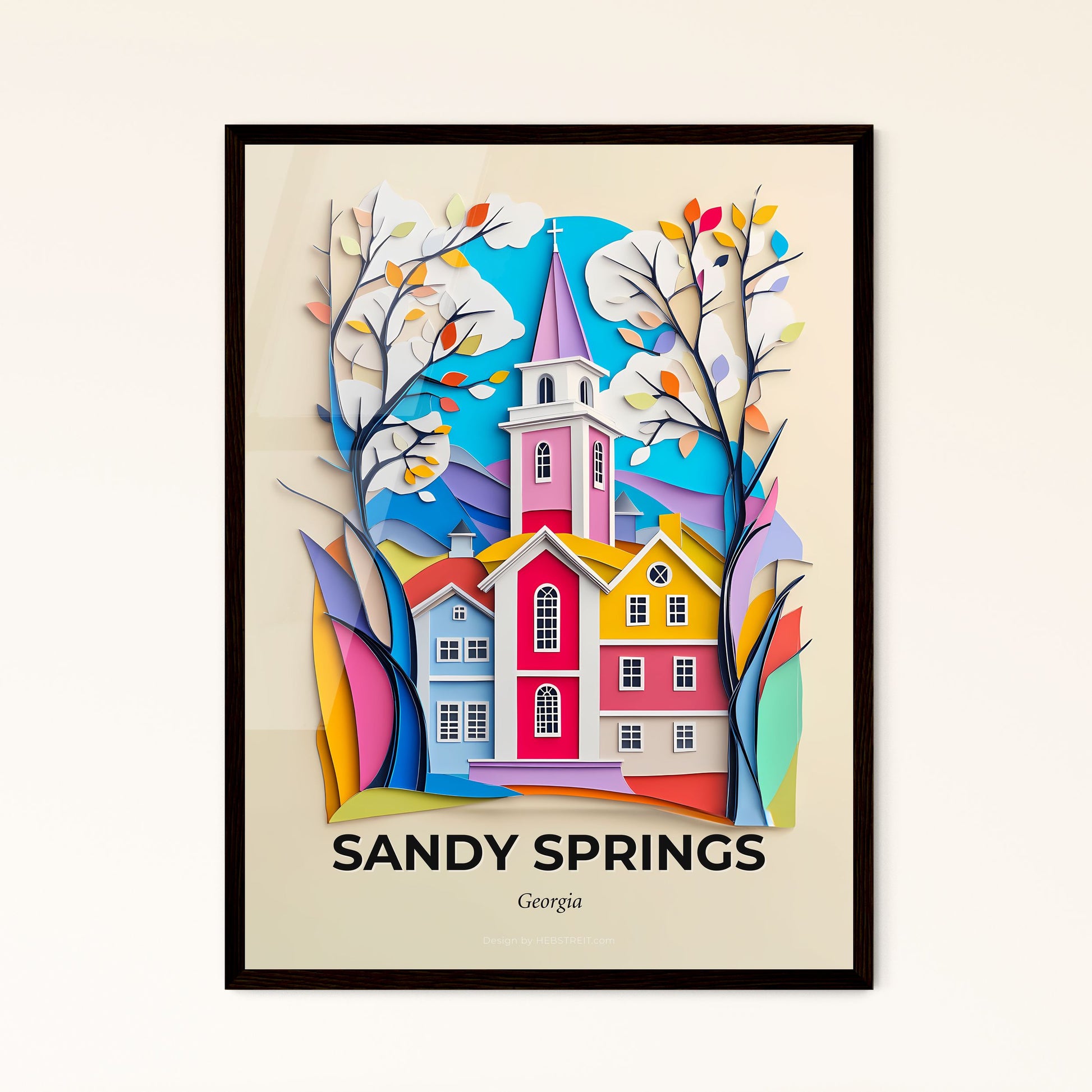 Vivid Sandy Springs, Georgia - a paper cut of a church with a clock tower