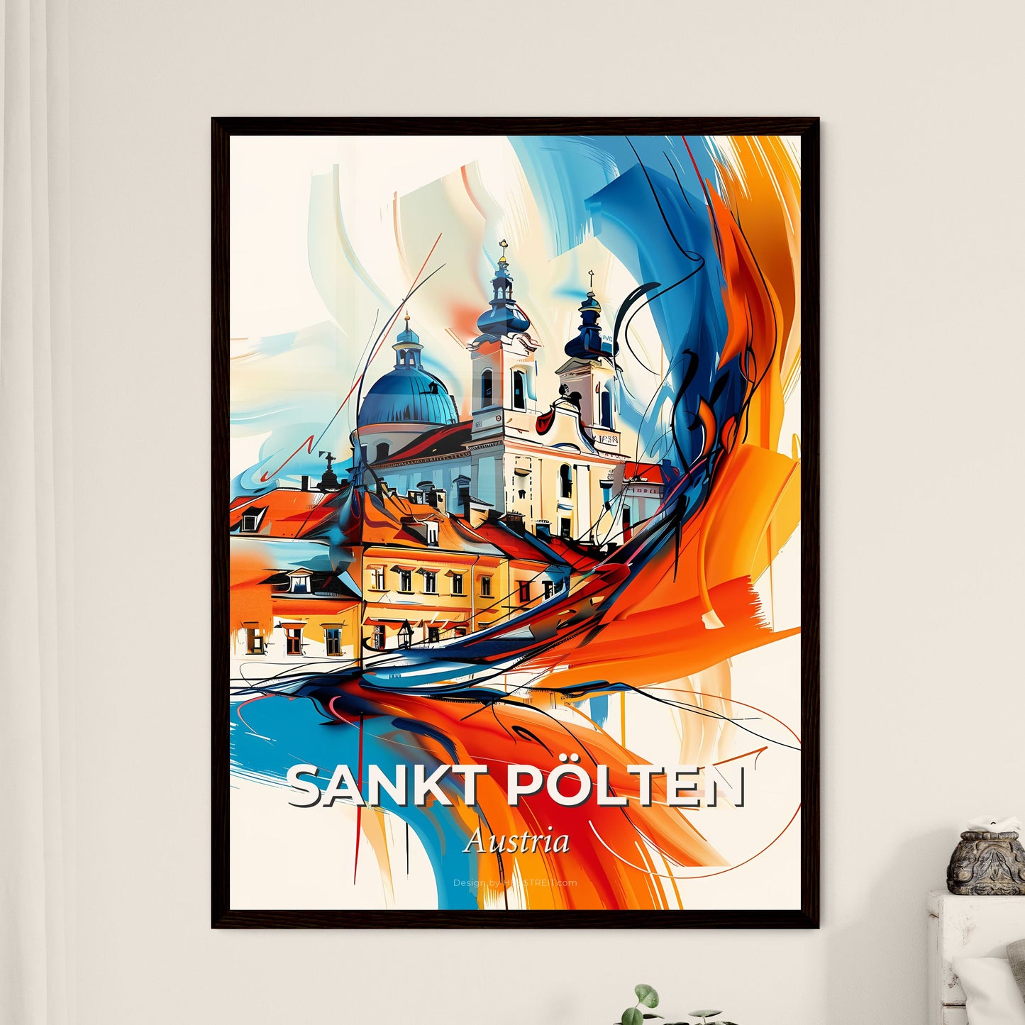 Vibrant Sankt Pölten, Austria - A Painting Of A Building With Blue Domes And Orange And White Paint