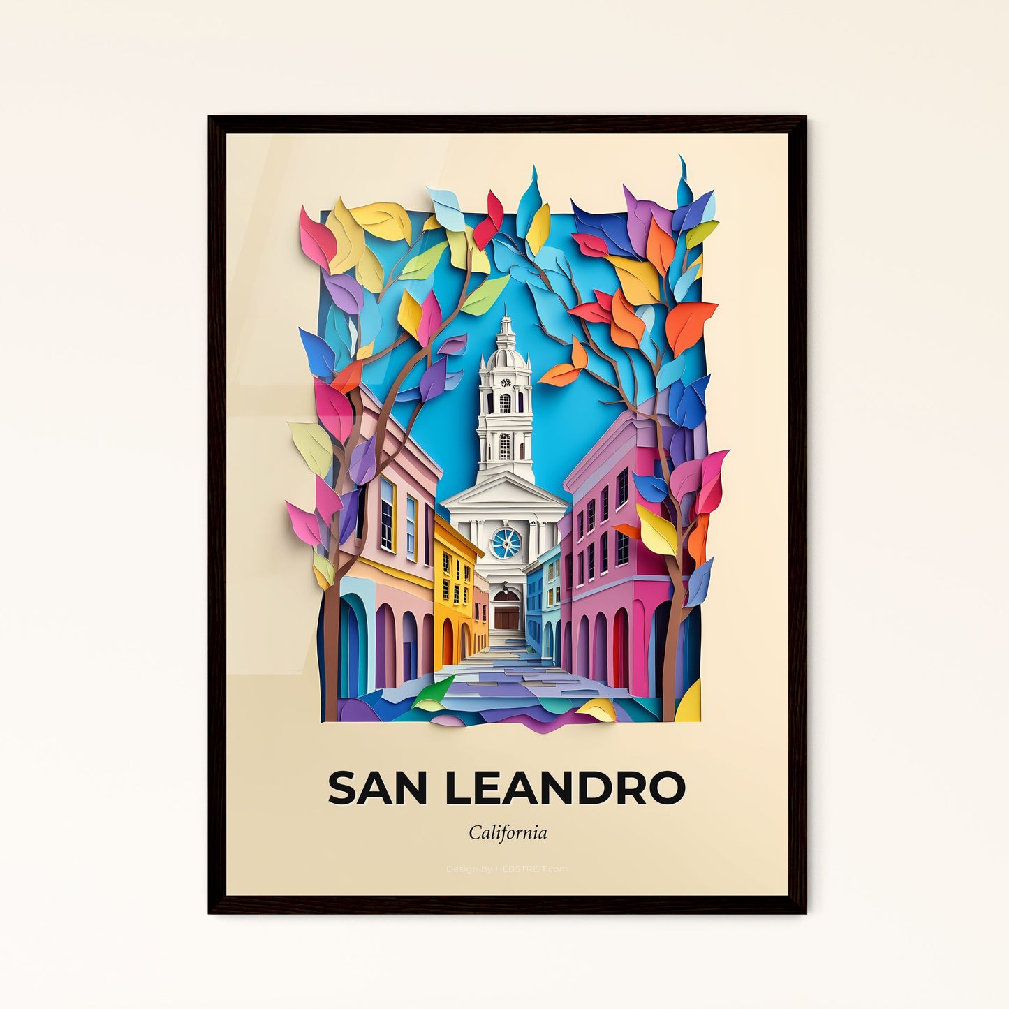 Vivid San Leandro, California - a paper cut of a church with a clock tower