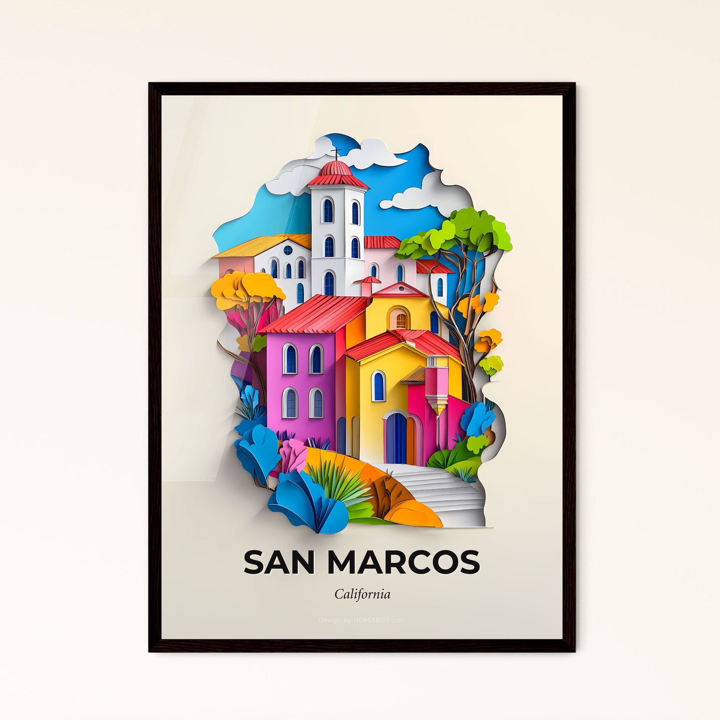 Vivid San Marcos, California - a colorful city with a church and trees