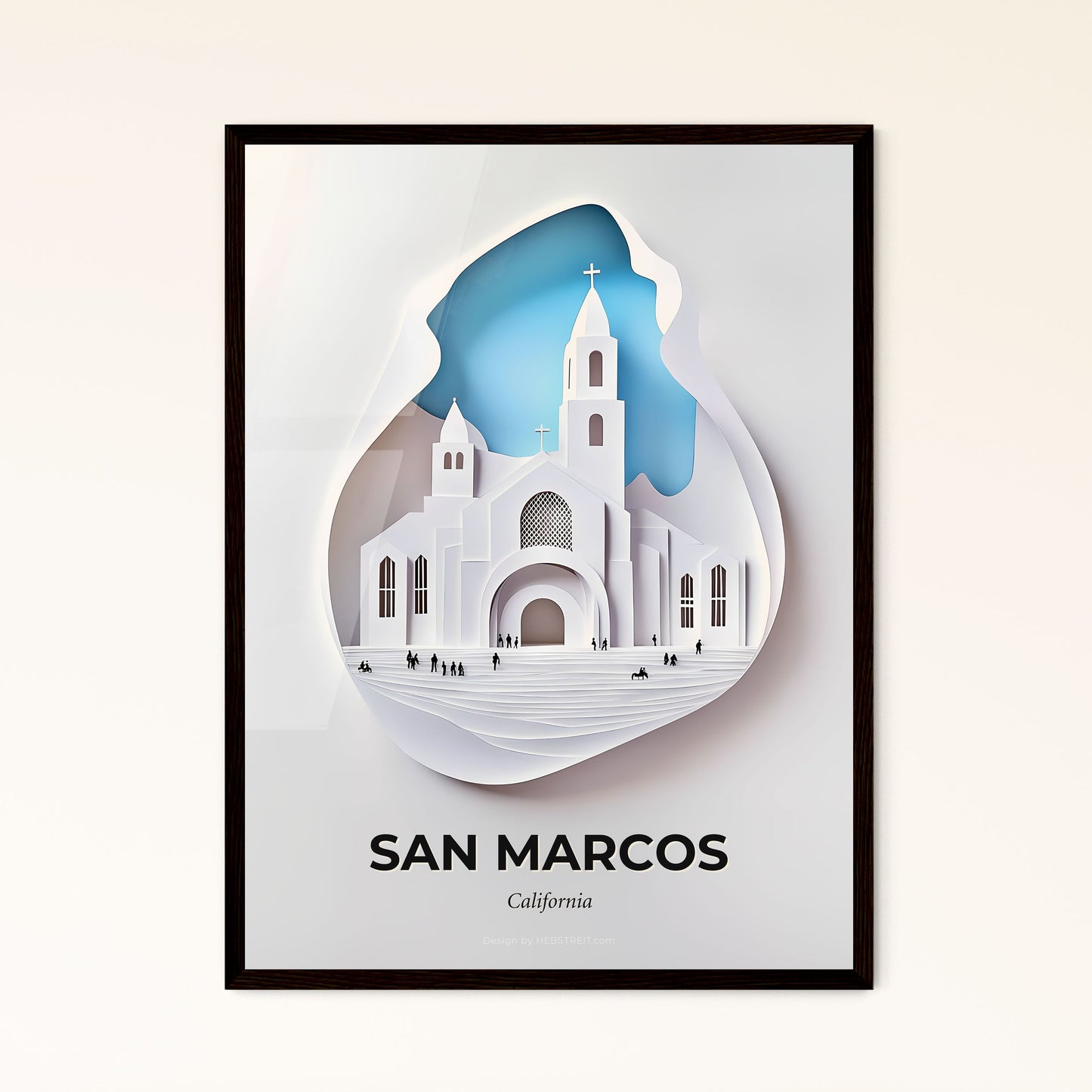 Vivid San Marcos, California - a paper cut of a church with people walking around