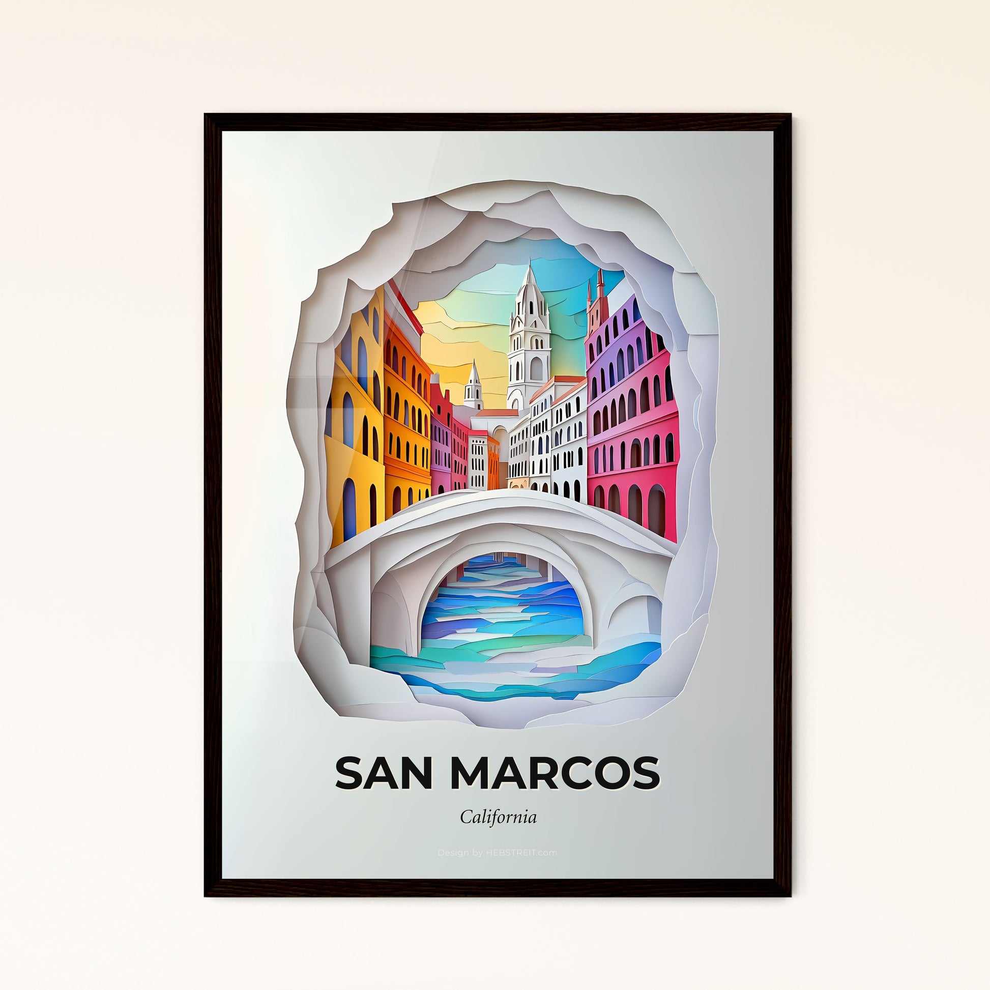 Vivid San Marcos, California - a paper cut of a city with a bridge