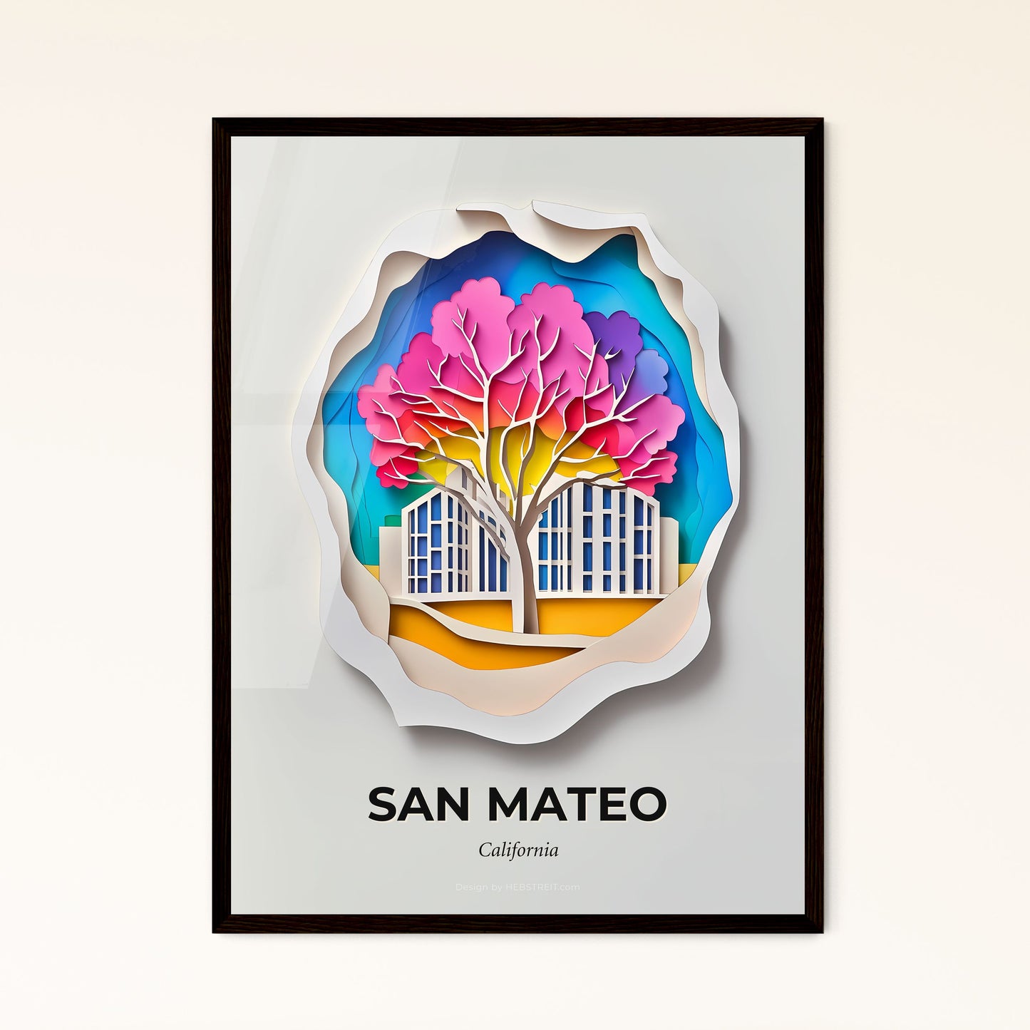 Vivid San Mateo, California - a paper cut of a tree with buildings in the background