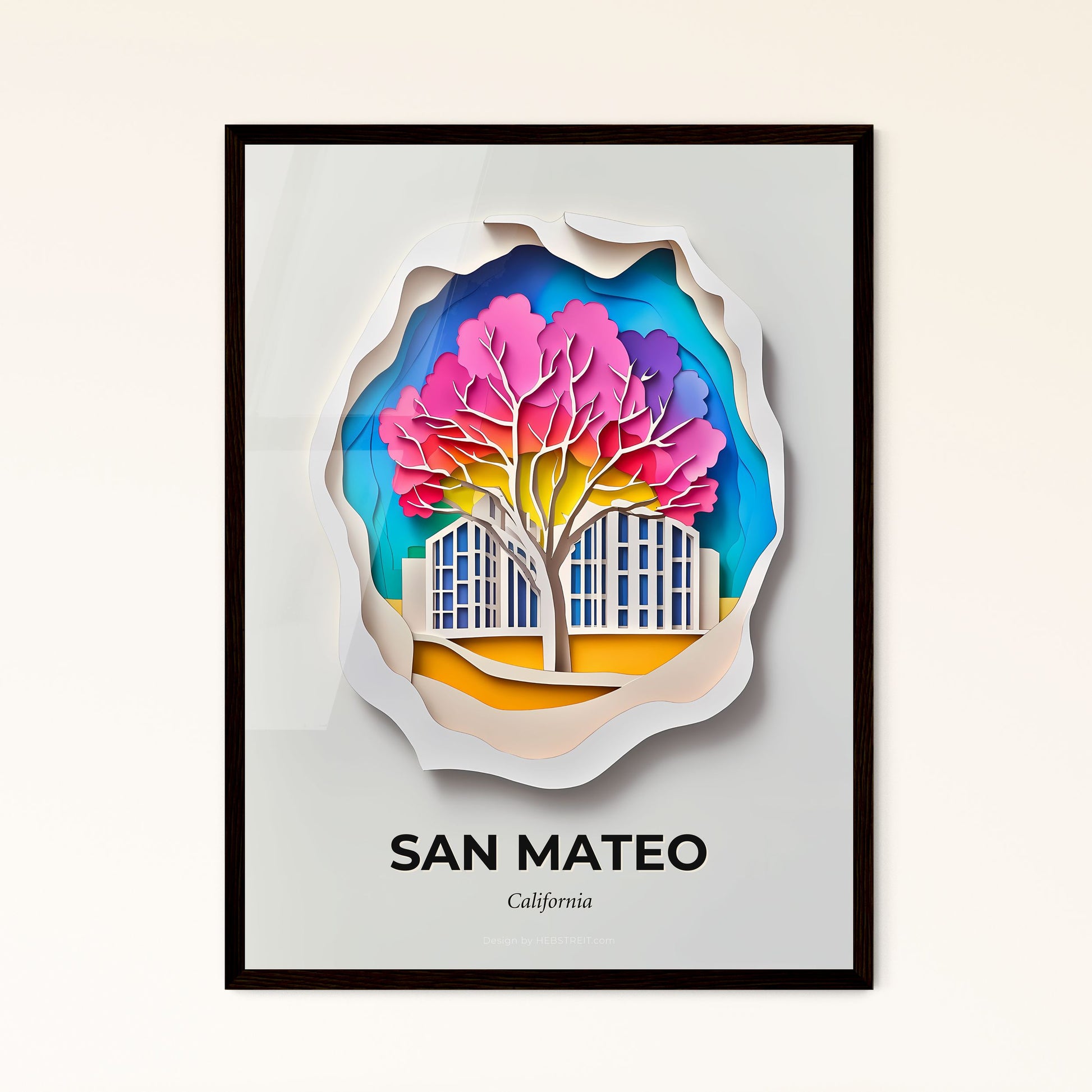 Vivid San Mateo, California - a paper cut of a tree with buildings in the background