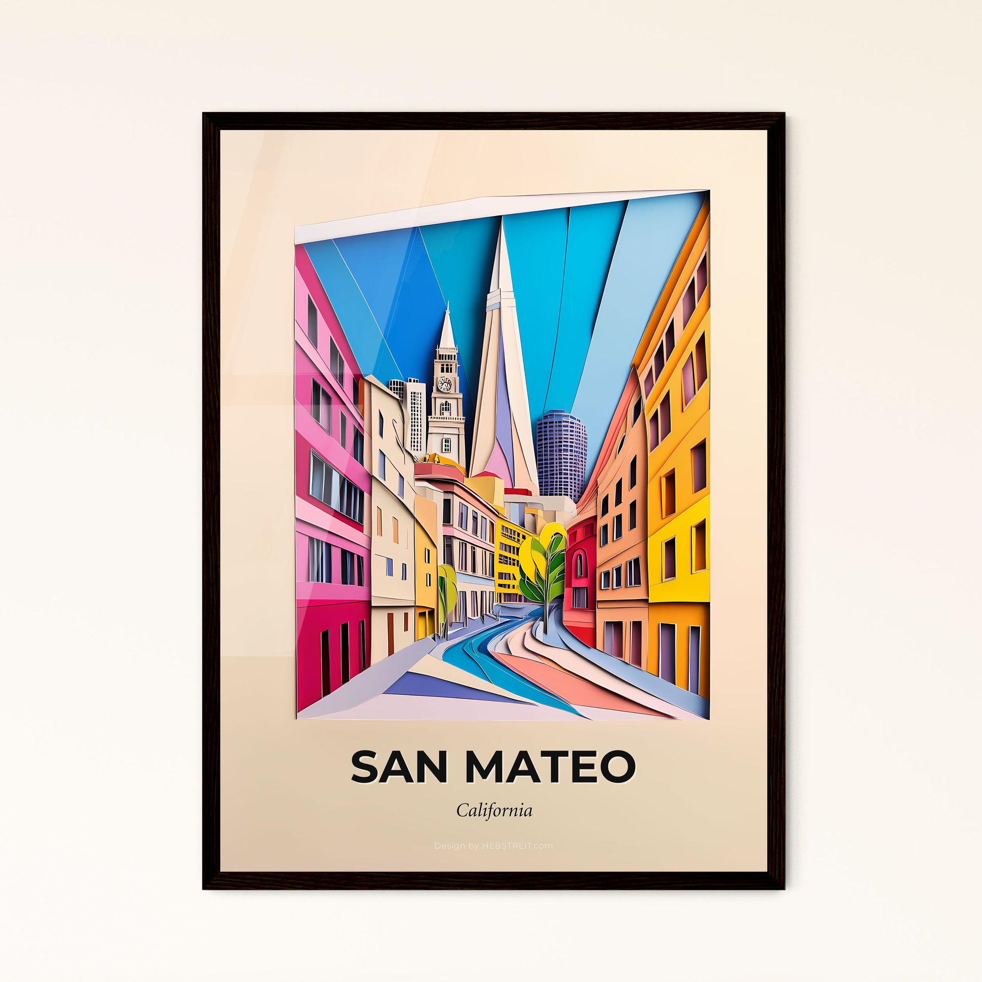 Vivid San Mateo, California - a city street with a clock tower