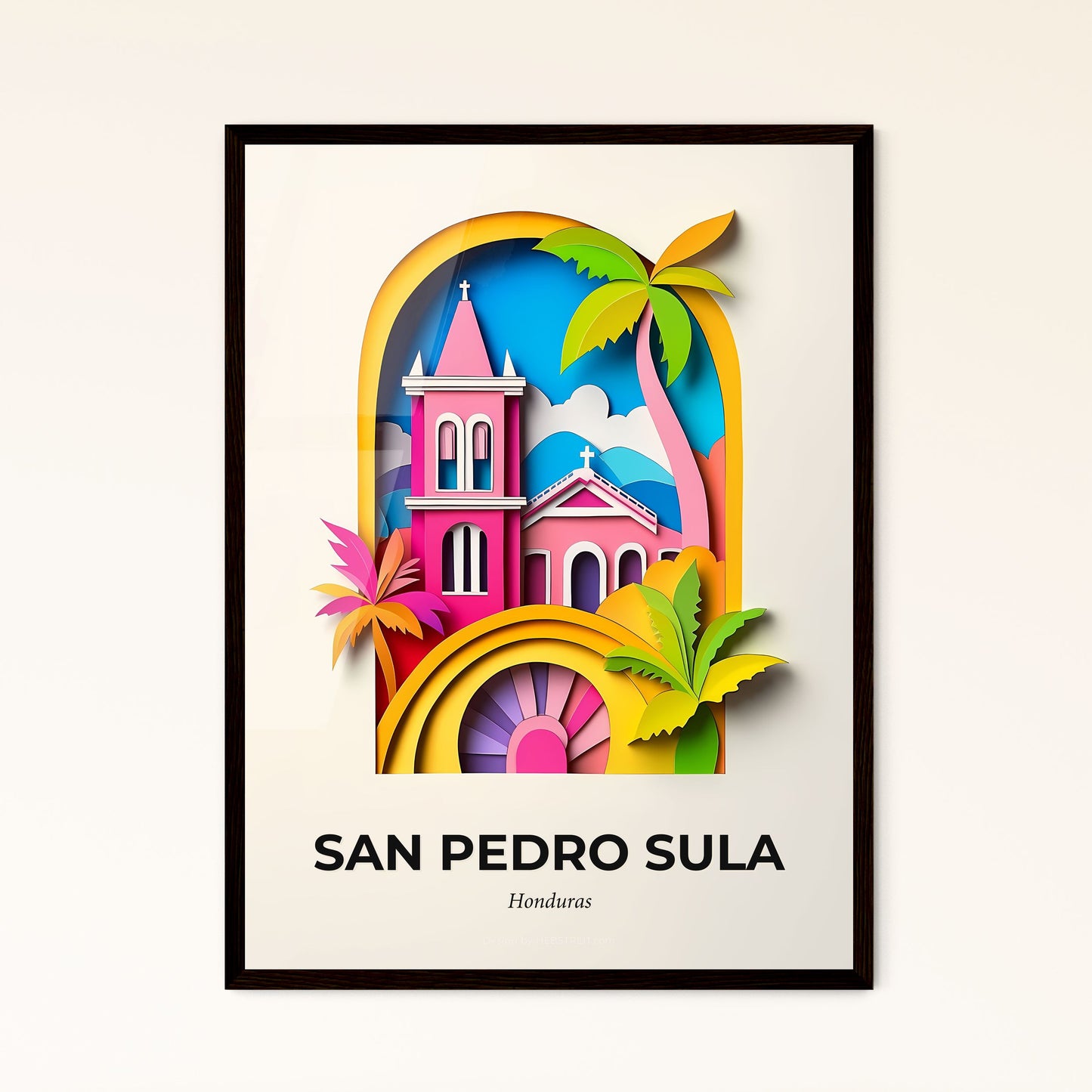 Vivid San Pedro Sula, Honduras - a paper cut of a church with palm trees