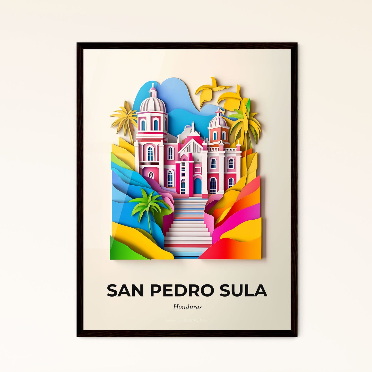 Vivid San Pedro Sula, Honduras - a colorful paper cut of a church and palm trees