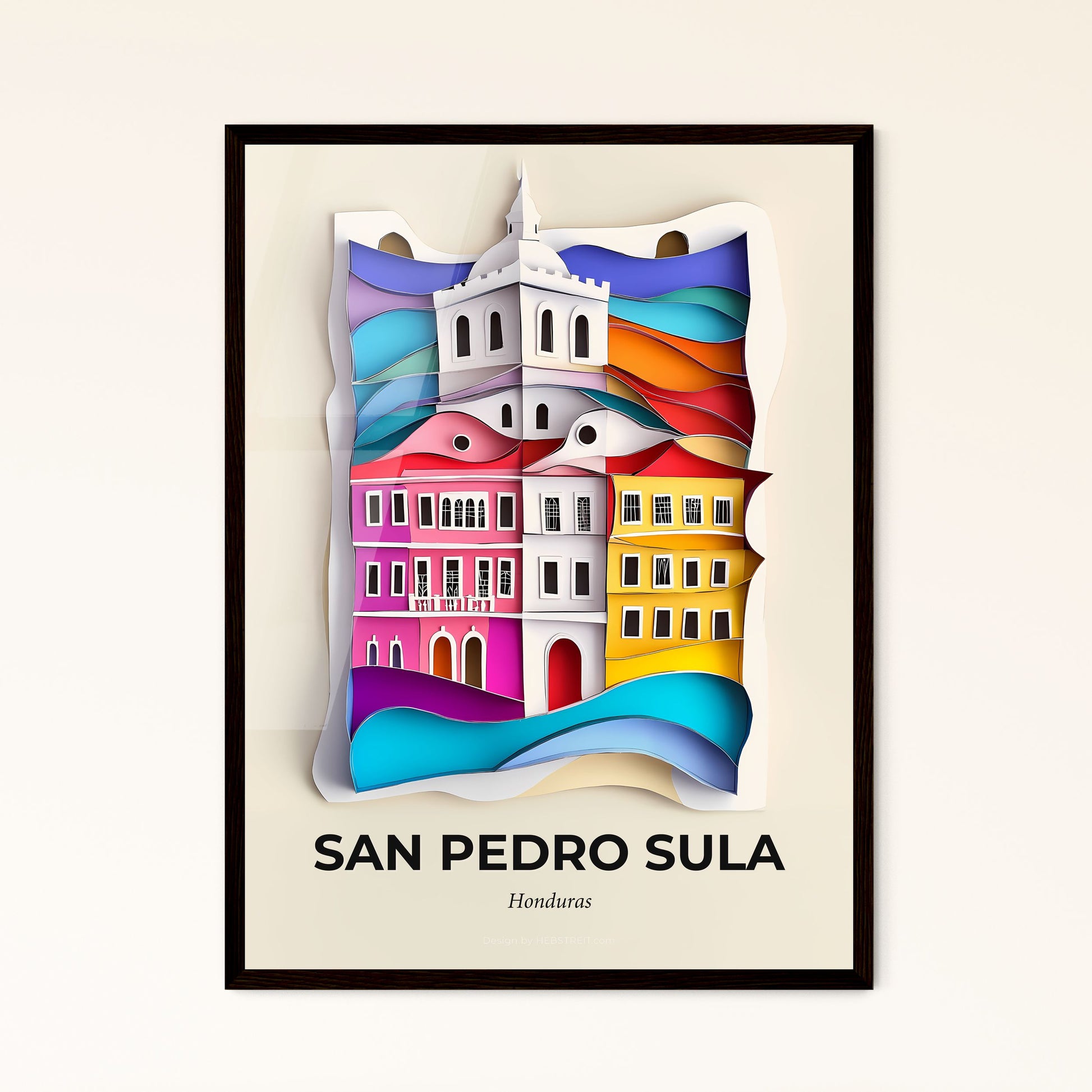 Vivid San Pedro Sula, Honduras - a paper cut of a city with a church