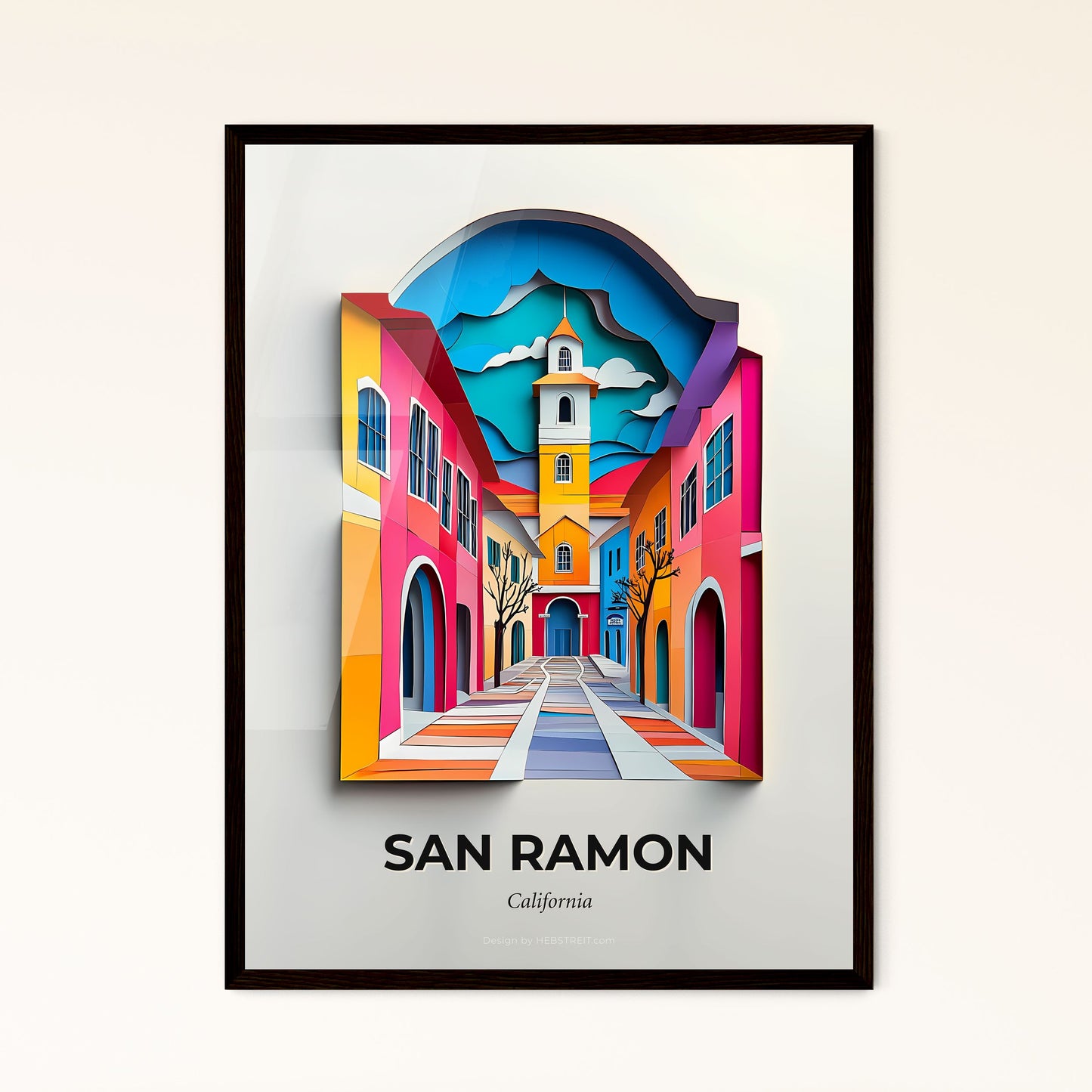 Vivid San Ramon, California - a colorful city street with a clock tower