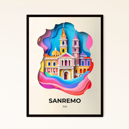 Vivid Sanremo, Italy - a church with a clock tower in a colorful paper cutout