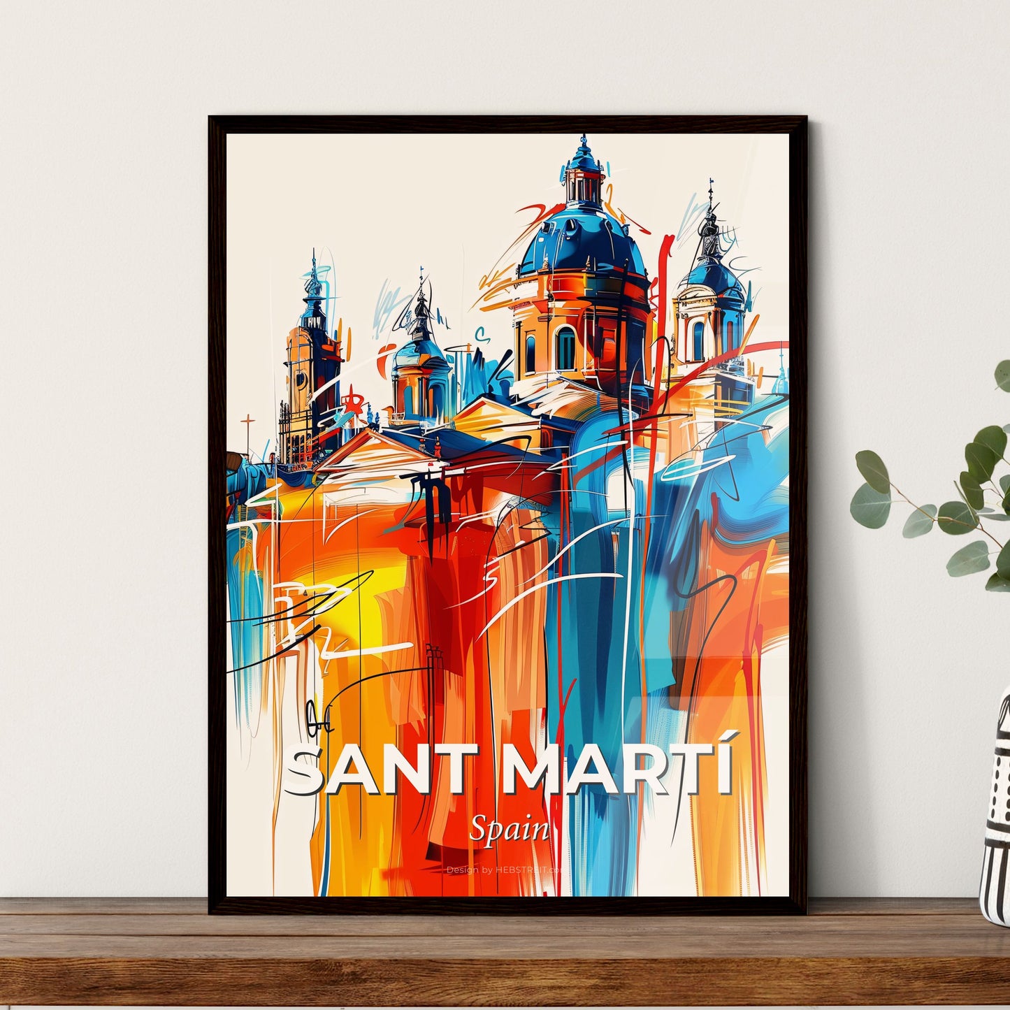 Vibrant Sant Martí, Spain - A Painting Of A Building With A Blue Dome And Red And Orange Paint