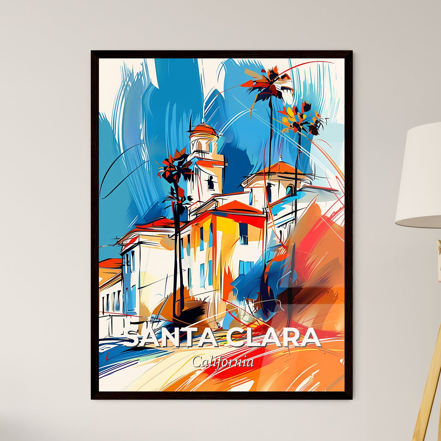 Vibrant Santa Clara, California - A Painting Of A Building With Palm Trees