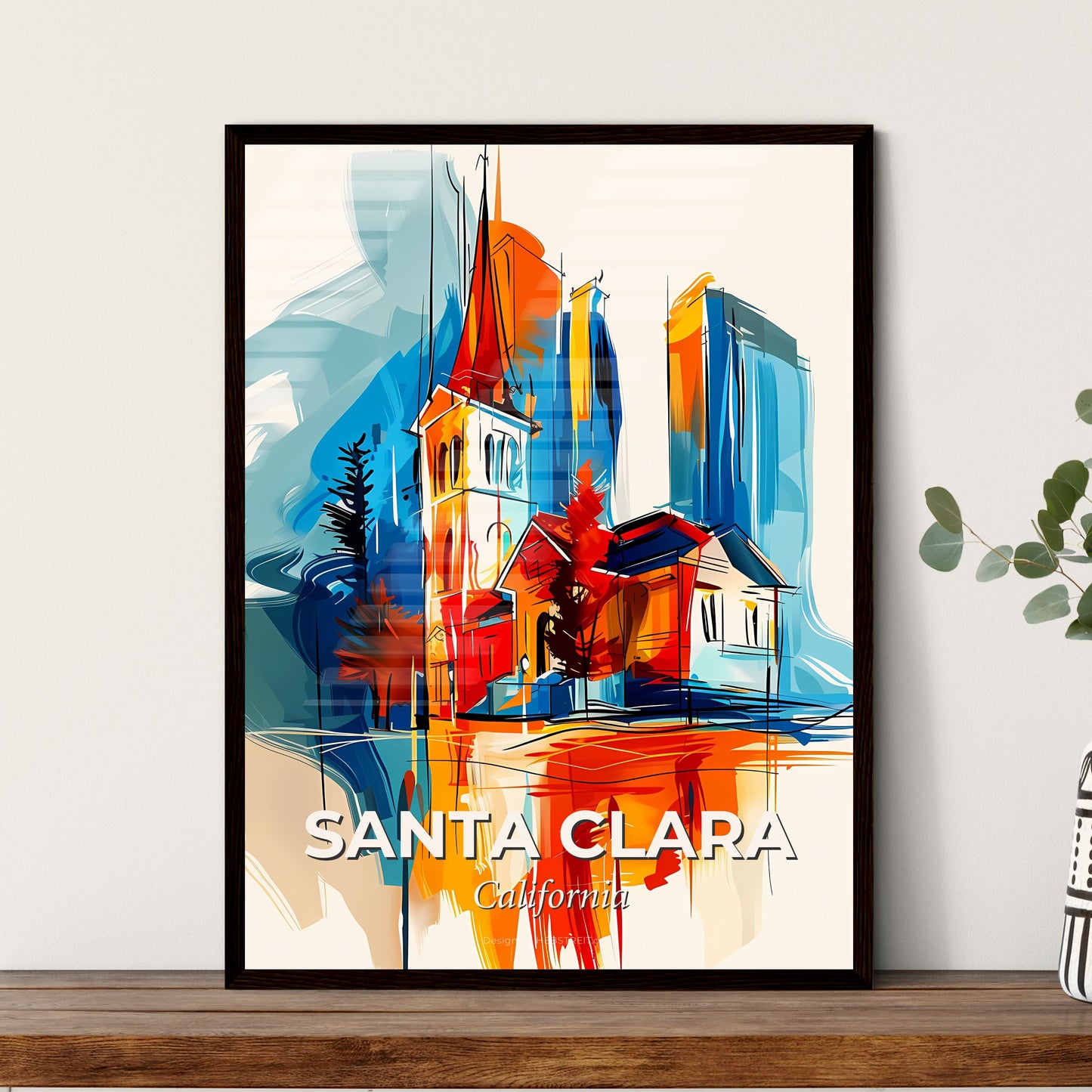 Vibrant Santa Clara, California - A Painting Of A Church And Buildings