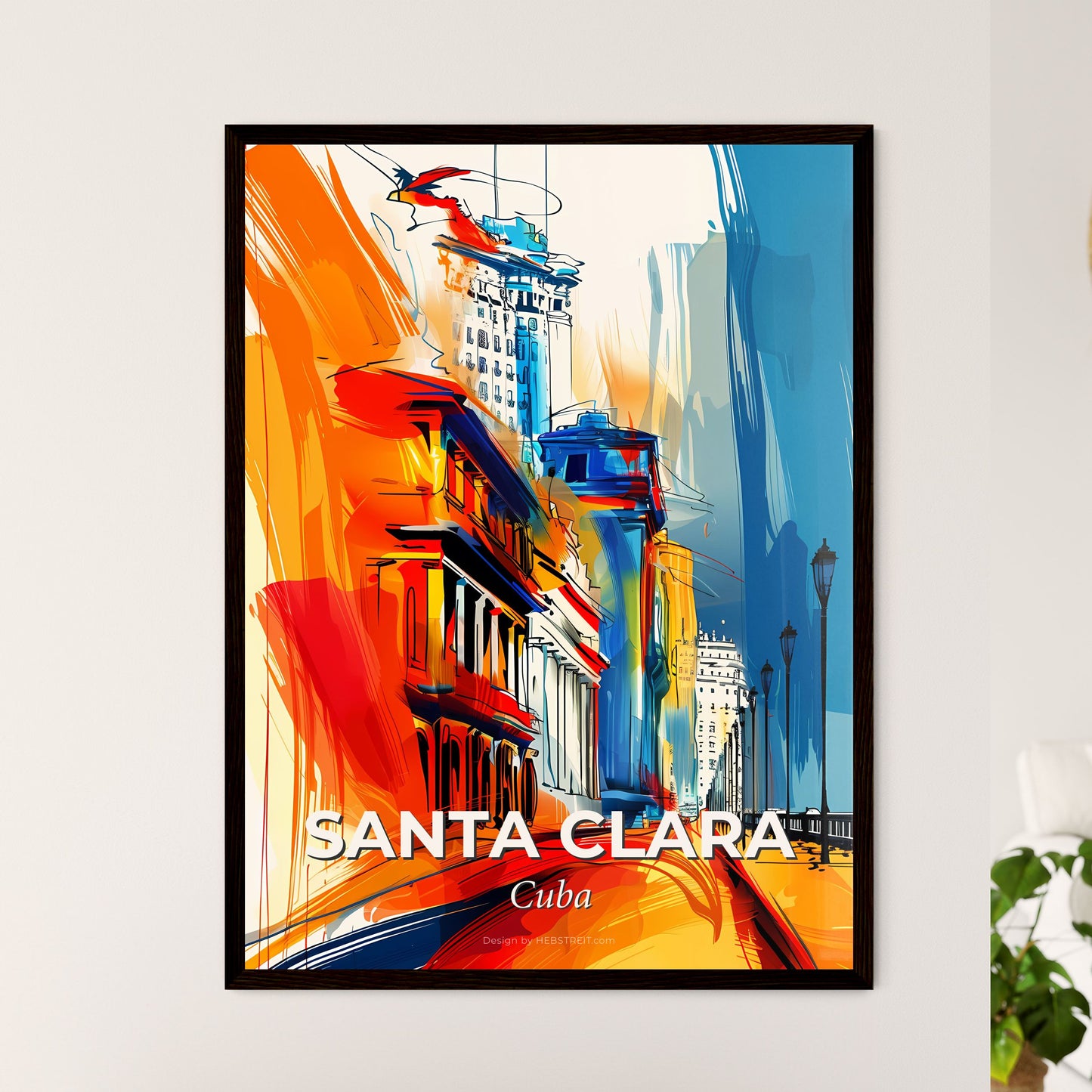 Vibrant Santa Clara, Cuba - A Painting Of A Street With Buildings And A Bridge