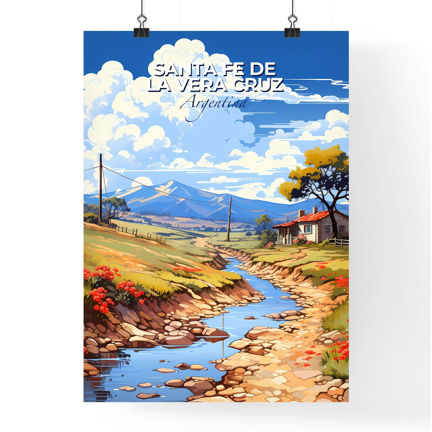 Vibrant Painting of Santa Fe de la Vera Cruz Argentina River Valley Skyline with House and Mountains Default Title