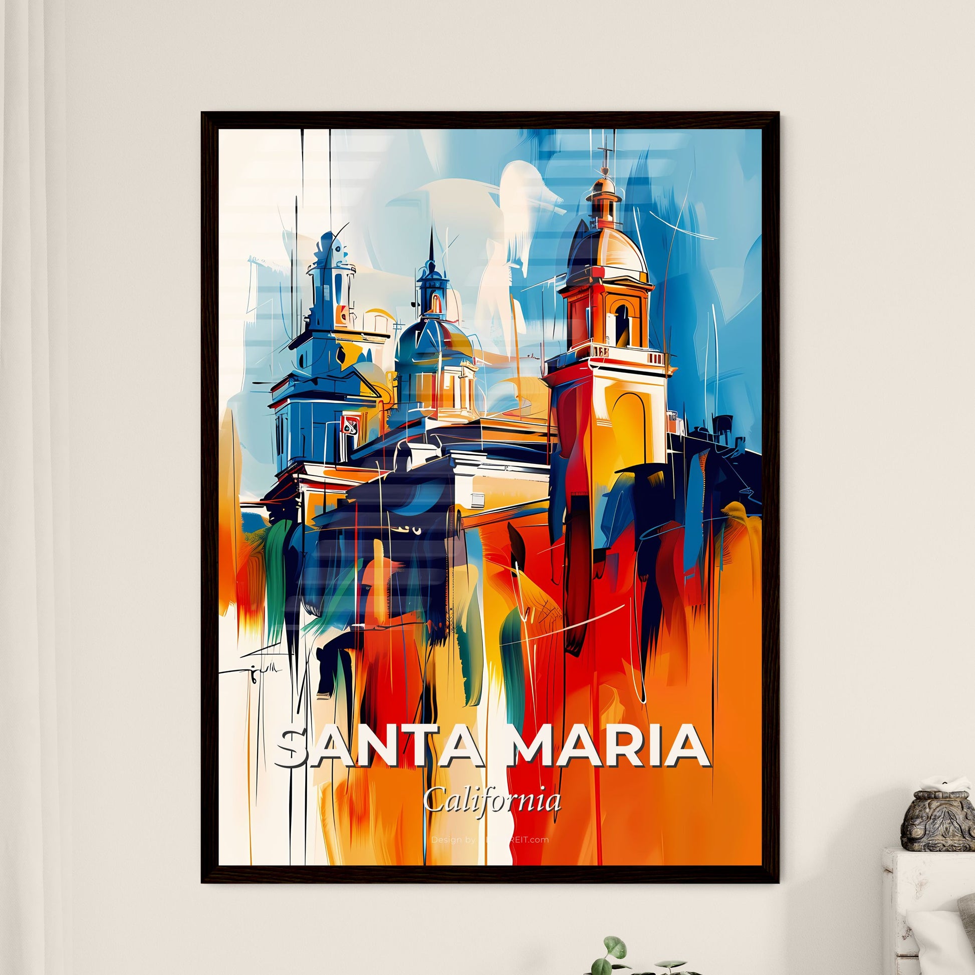 Vibrant Santa Maria, California - A Painting Of A Building With Towers